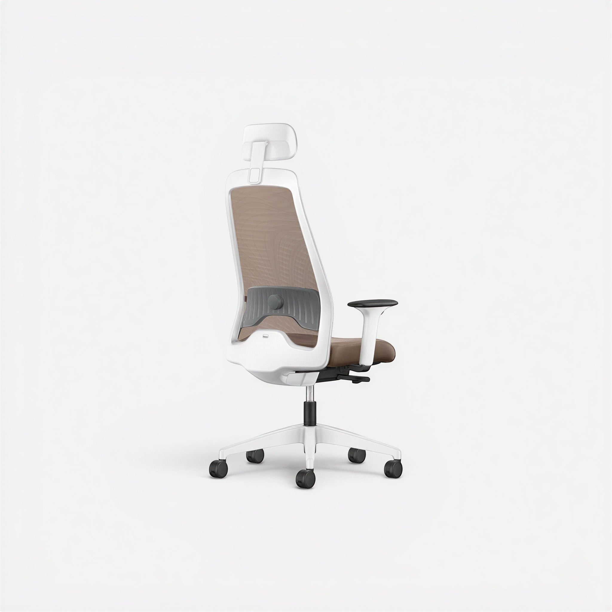 Addo Shop Every ergonomic office chair with white frame, brown mesh back, and brown seat. Features adjustable armrests and headrest.
