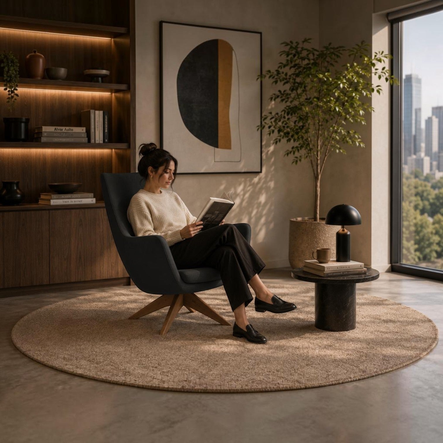 Addo Shop Affari M lounge chair with dark grey upholstery and a wooden four-star base in a modern living room.