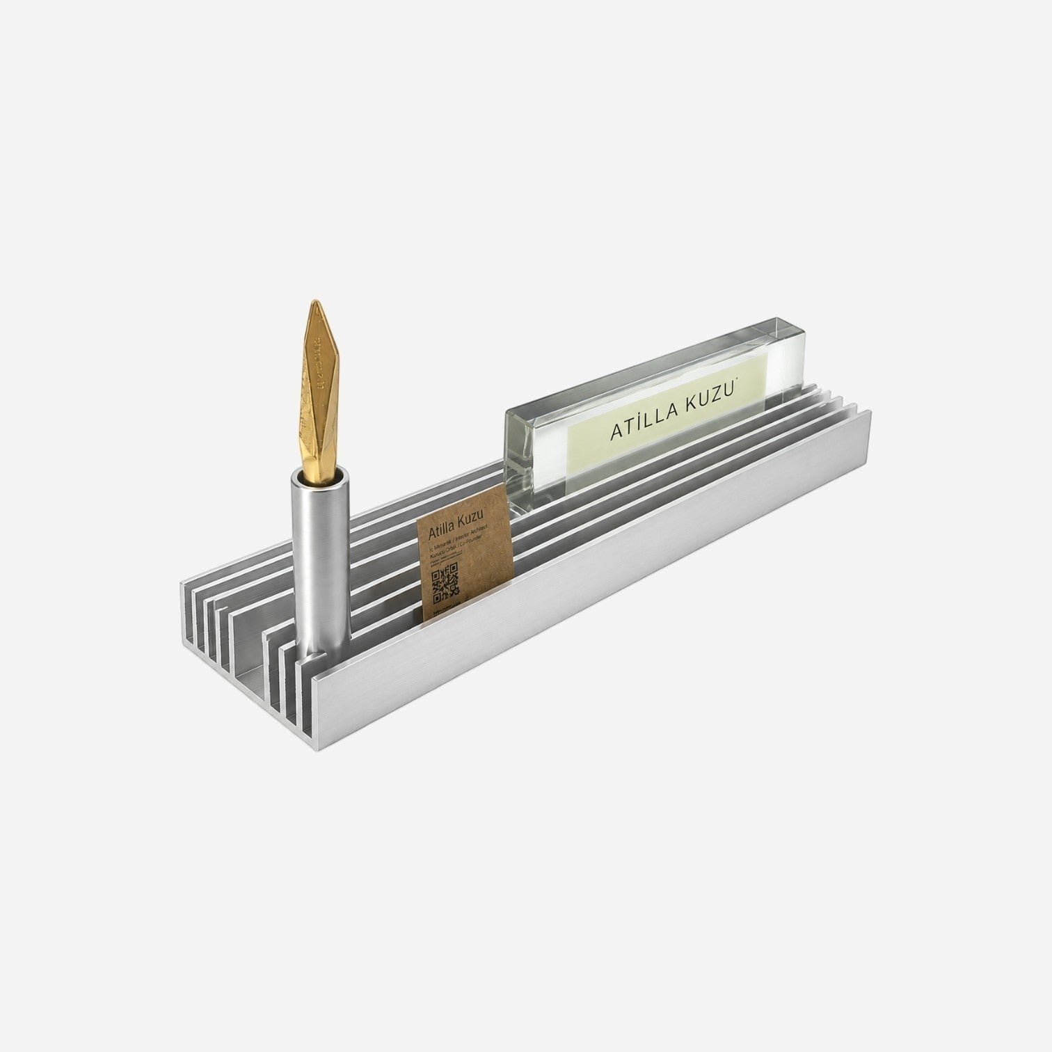 Addo Shop silver aluminum desk organizer with a gold pen holder, business card slot, and acrylic name plate display.