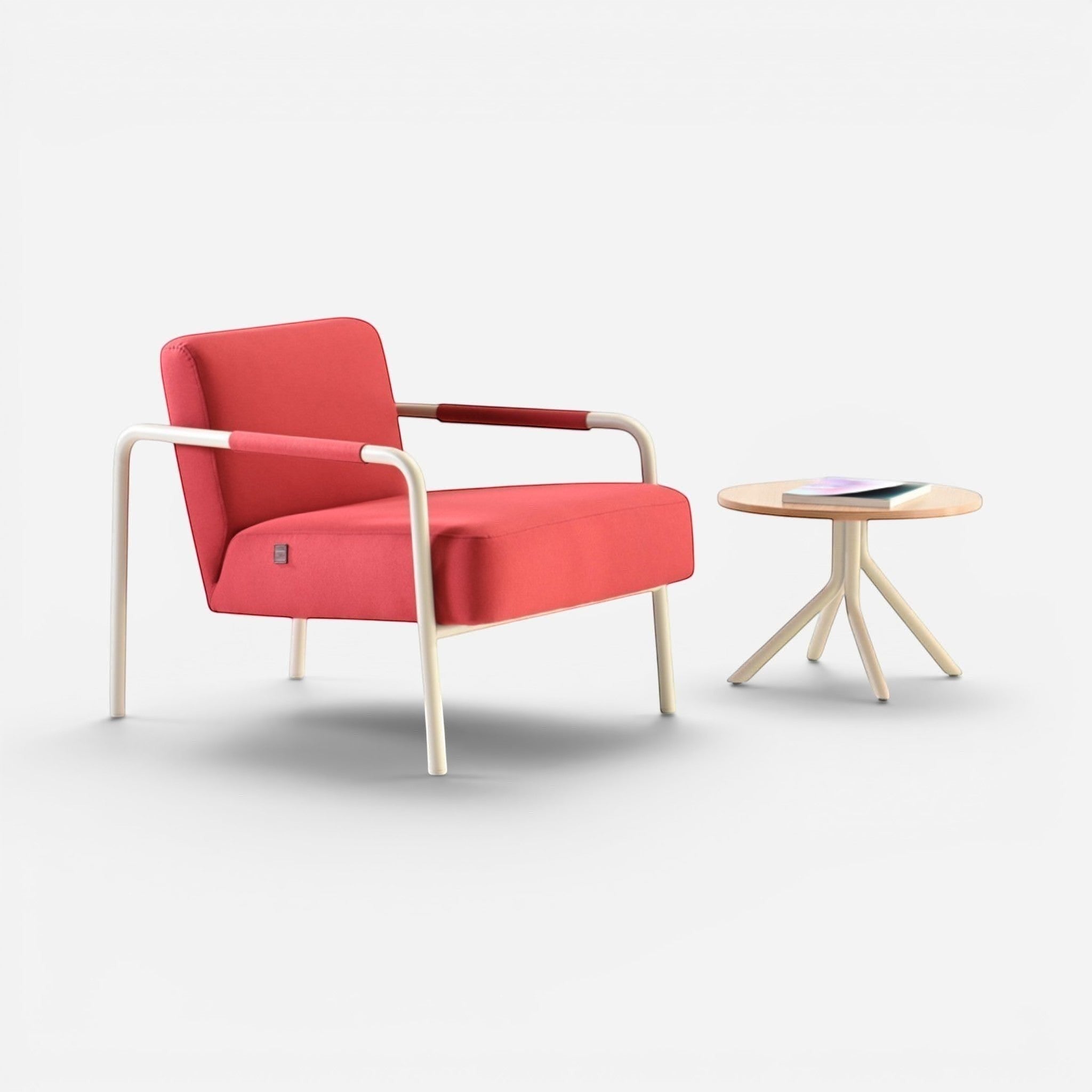 Addo Shop Bia armchair in coral red fabric with white metal frame and armrests. Modern lounge chair.