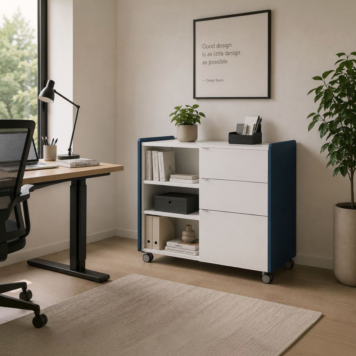 Addo Shop Bridge mobile storage unit with white drawers, open shelves, and blue fabric sides in a modern home office.