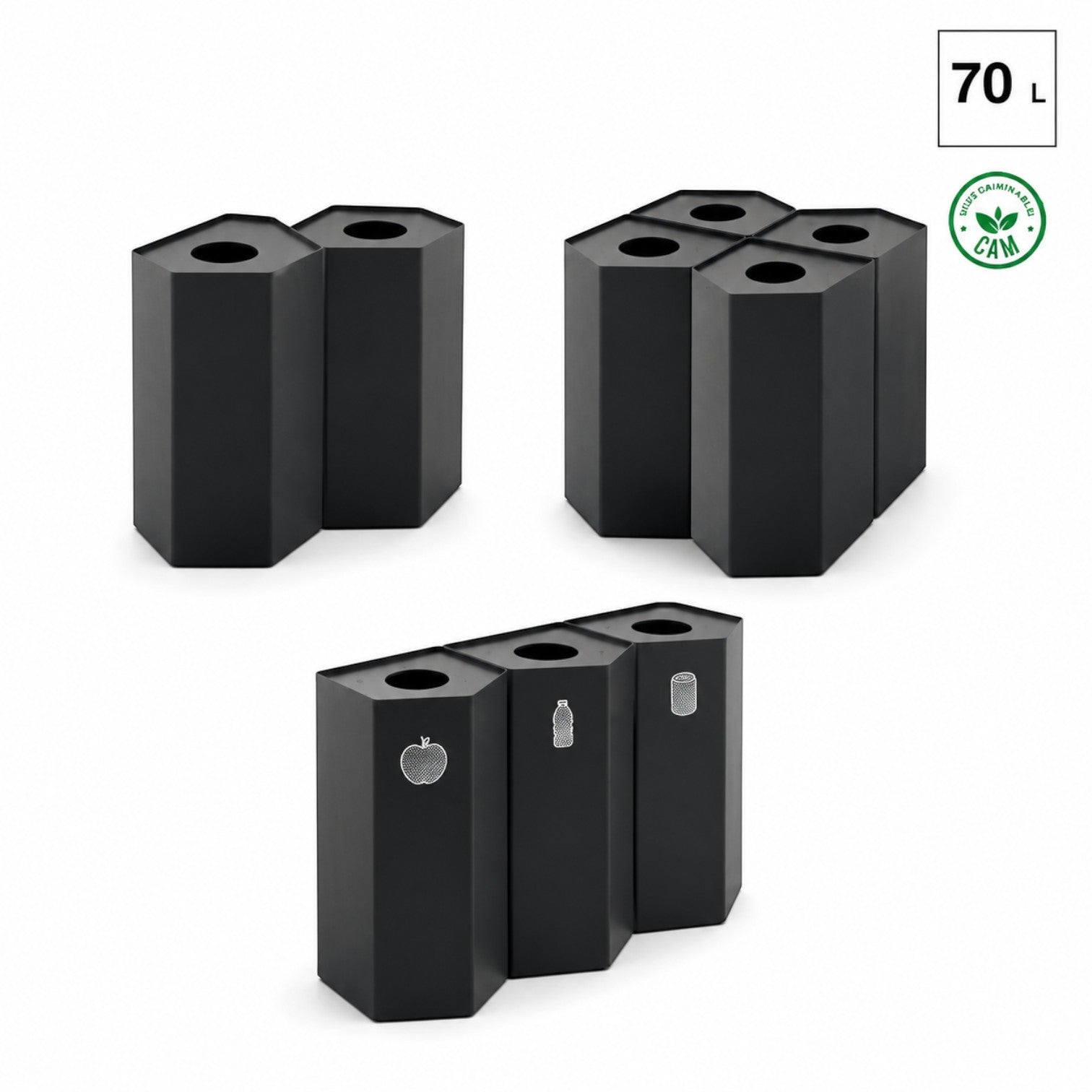 Addo Shop Caimi Binz 70L modular black recycling bins for office or public spaces with waste sorting icons