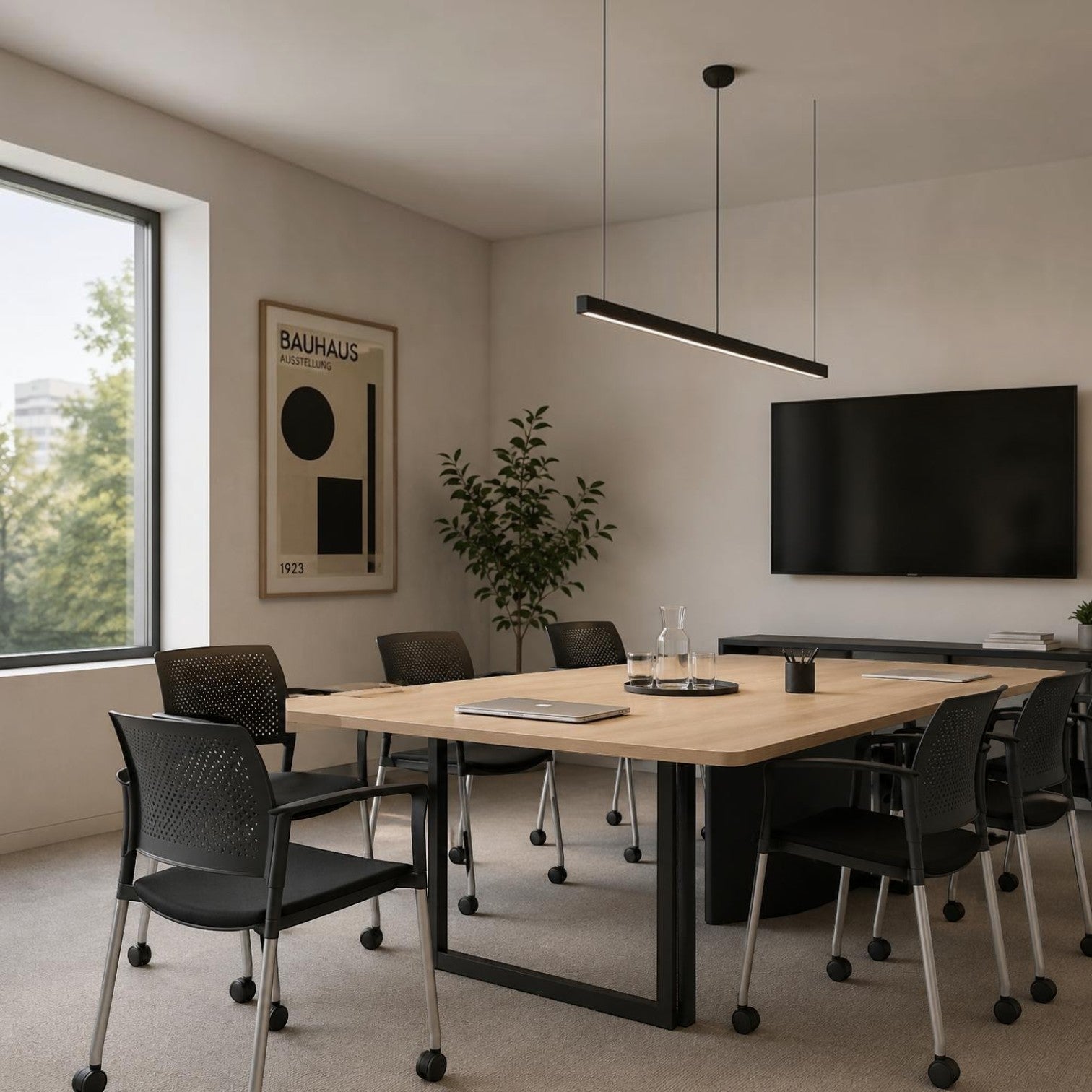 Addo Shop Cute meeting chairs with black perforated plastic backrests and upholstered seats around a wooden table.