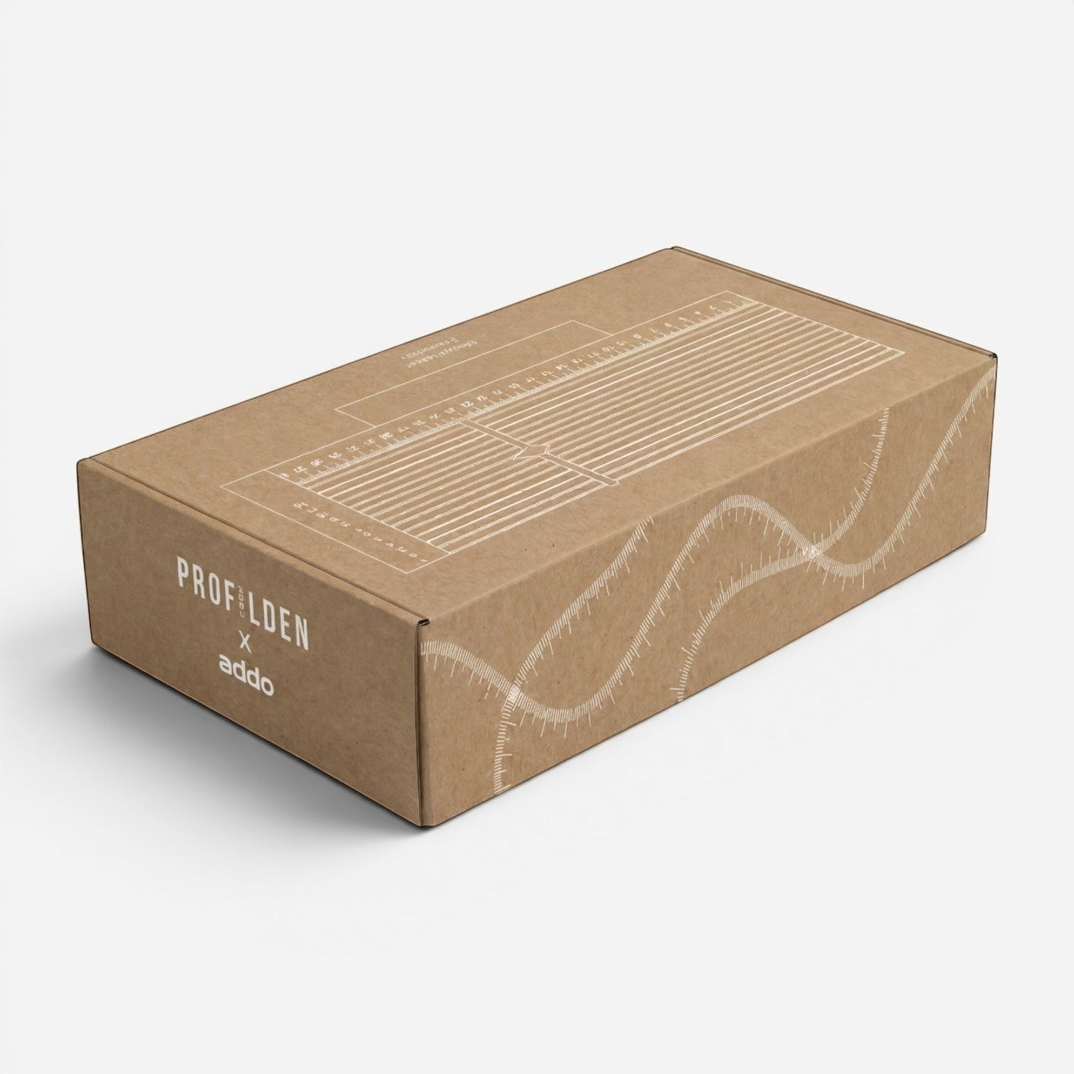Addo Shop Dalgametre cardboard packaging box with white technical ruler and wave pattern graphics