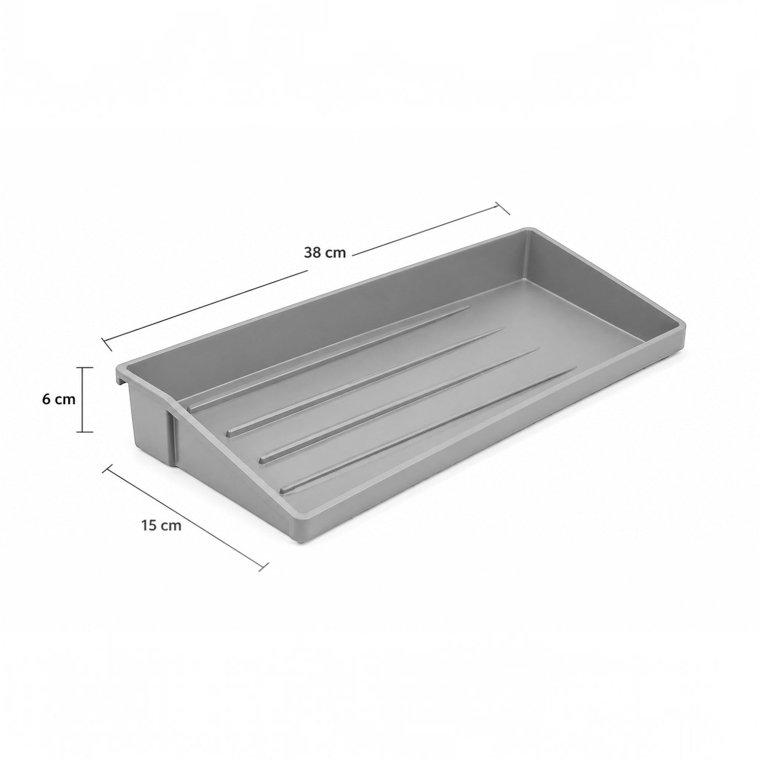 Addo Shop grey plastic Desk-Up stackable organizer tray with dimensions 38x15x6 cm for office desk storage.