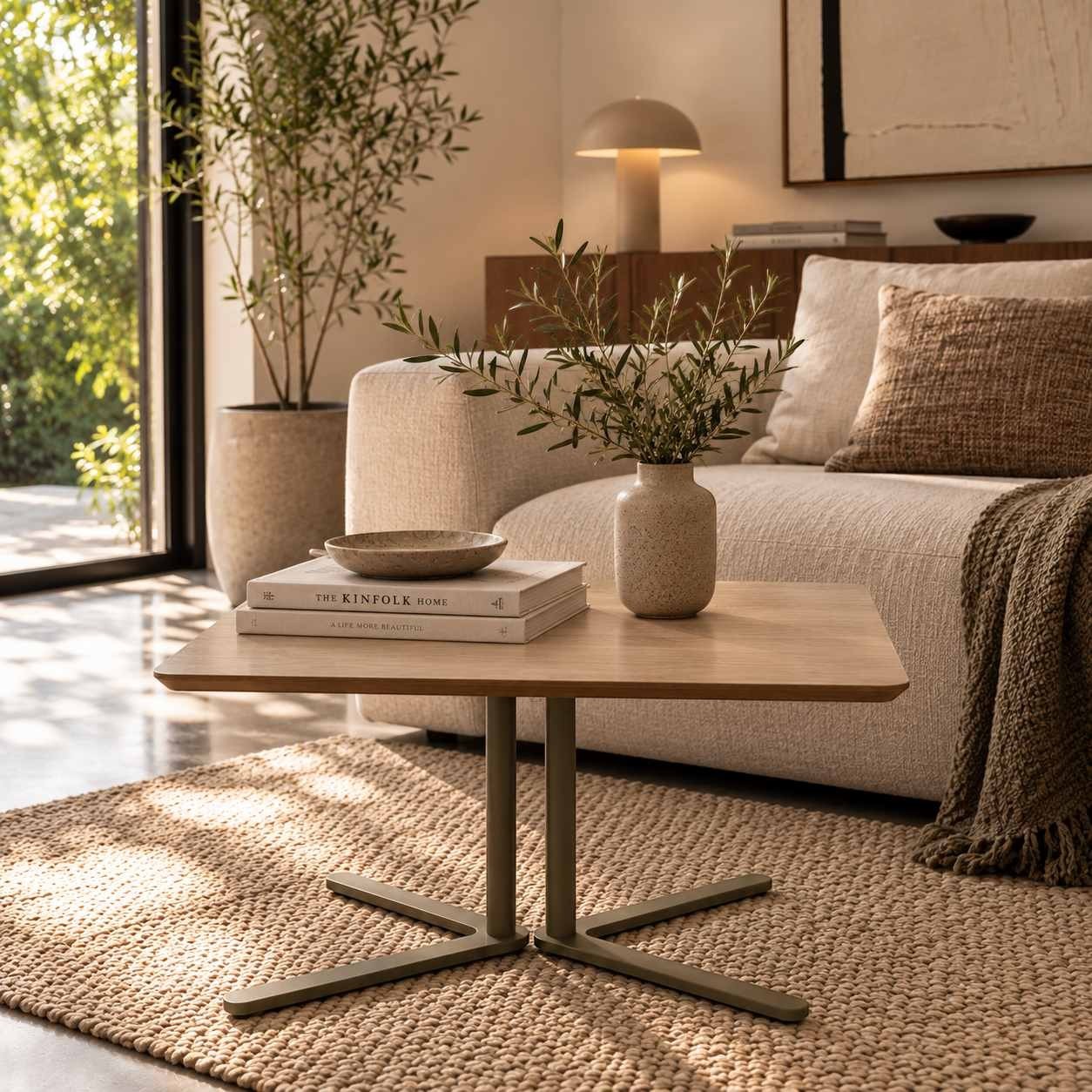 Addo Shop Dodo Square Center Table with natural veneer top and green metal cross-base in a modern living room setting.