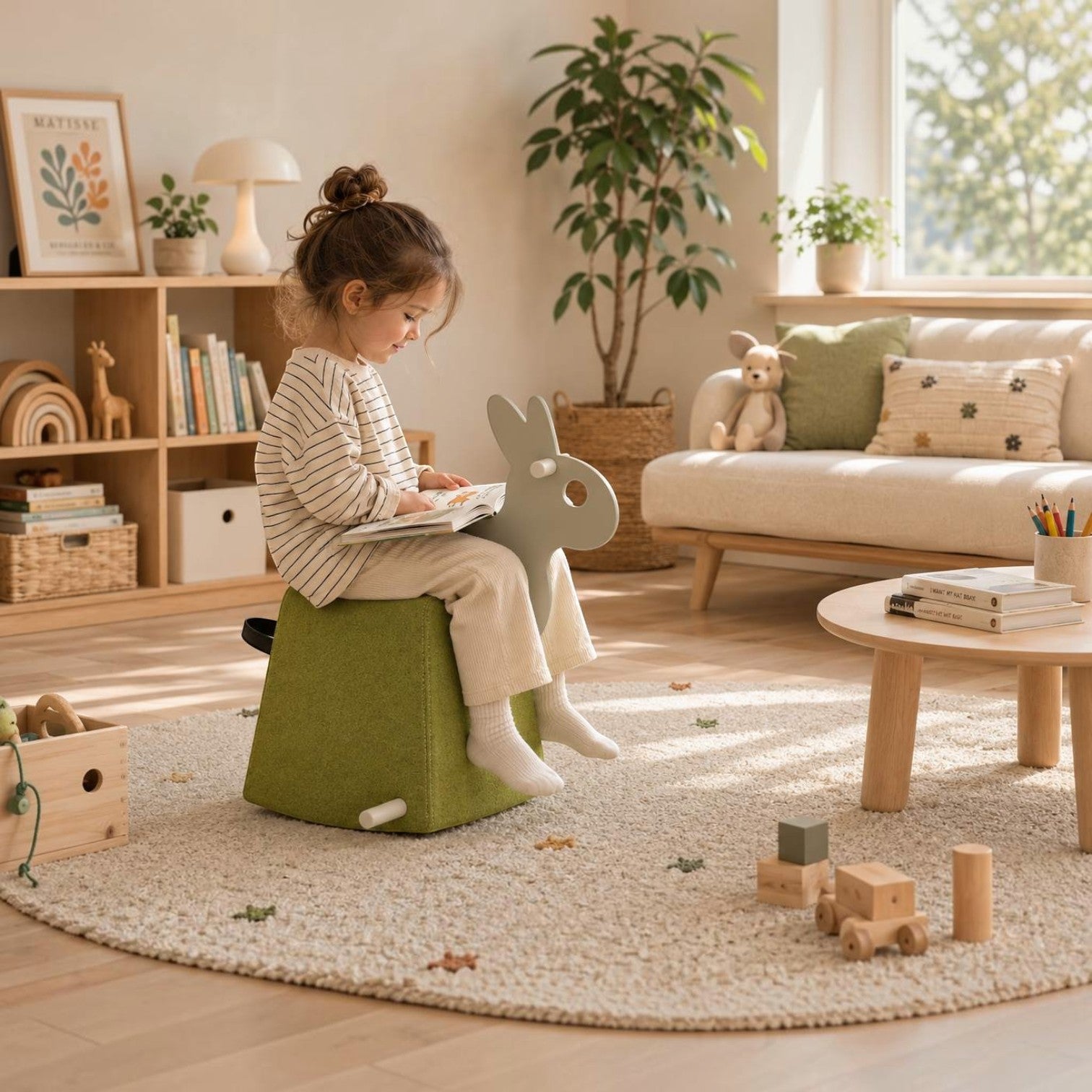 Addo Shop Dondolo Kids Roger green upholstered animal-shaped stool for children sitting in a bright playroom