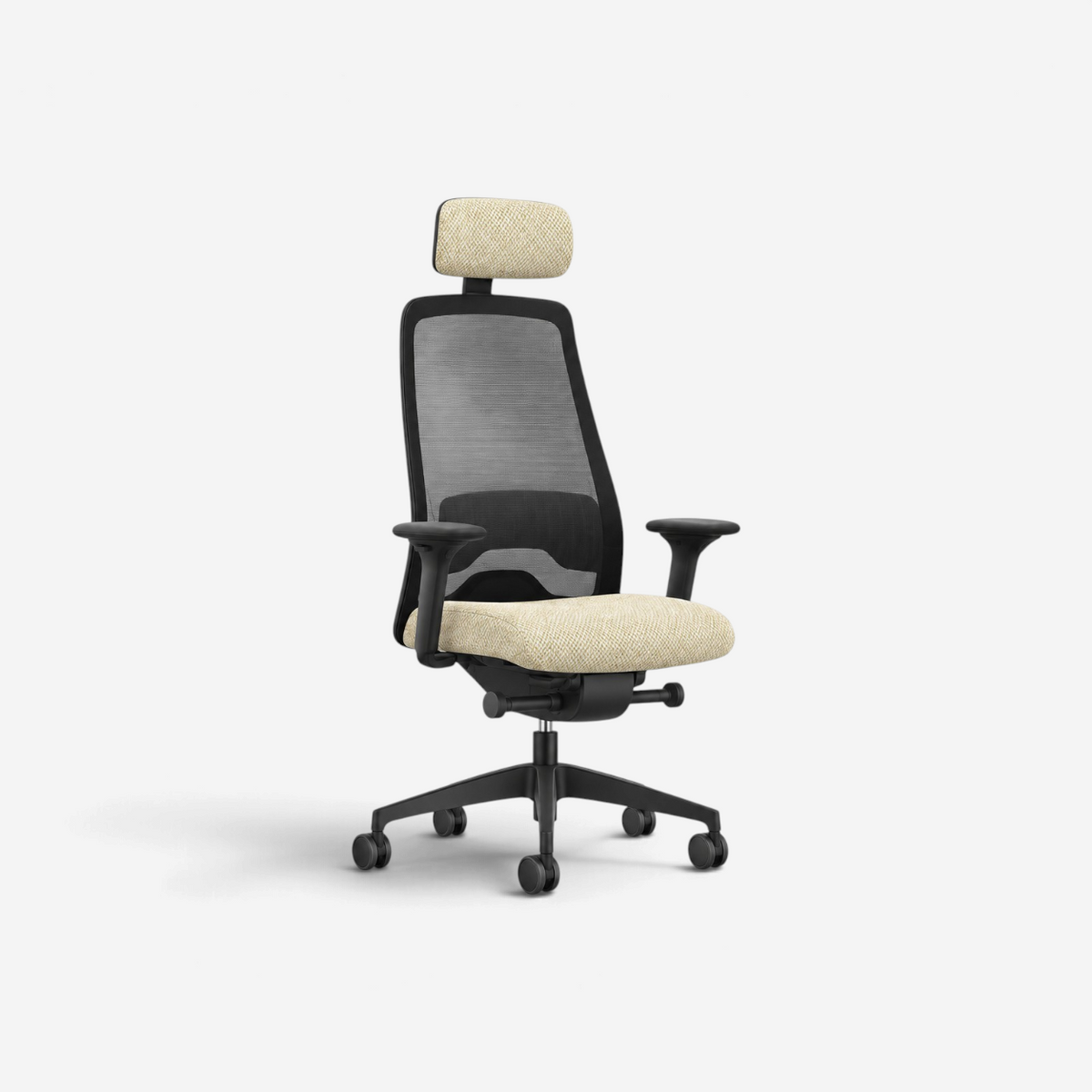 Addo Shop Every ergonomic office chair with black mesh back, beige upholstered seat, headrest, and 2D armrests.