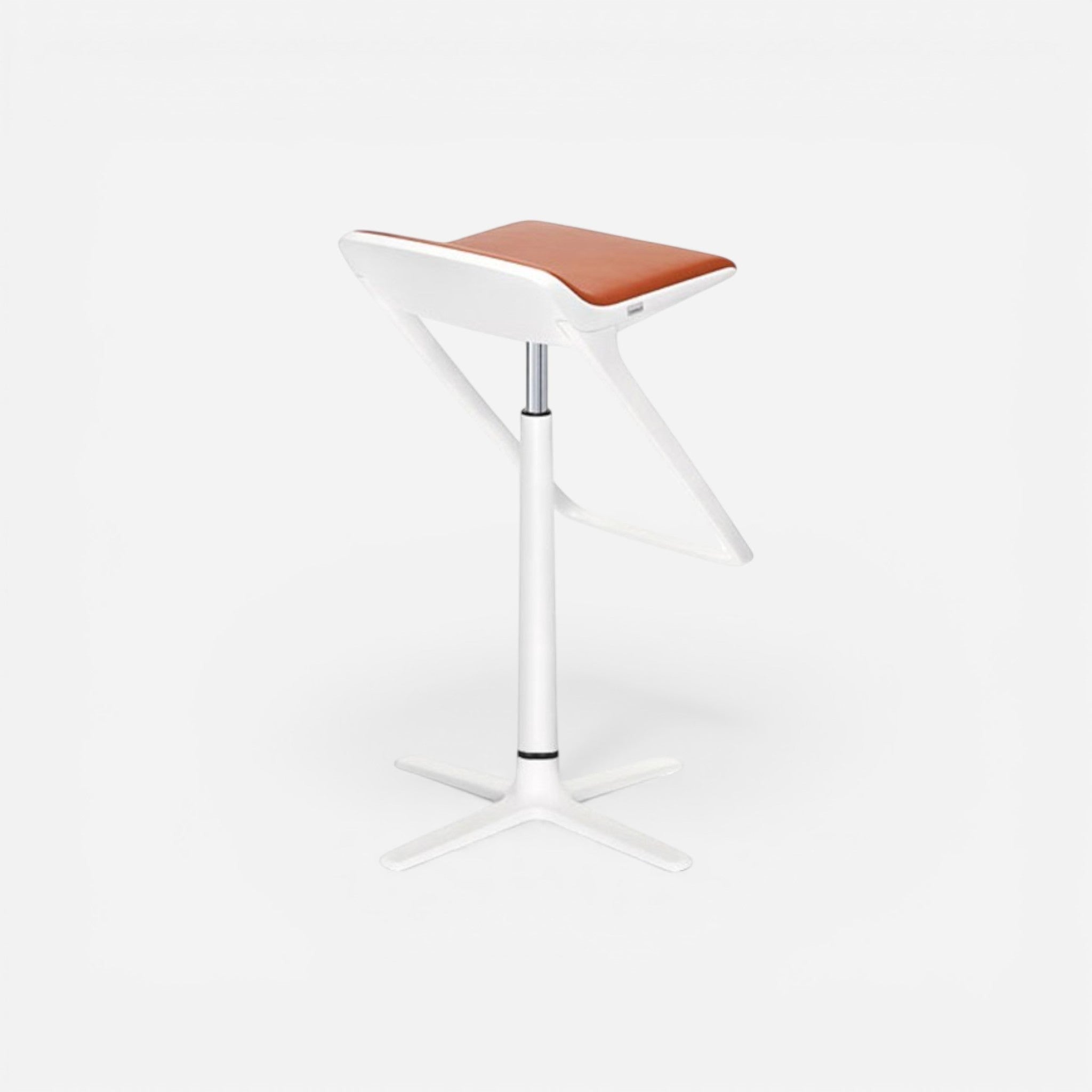 Addo Shop Kinetic bar stool with adjustable height, white frame, brown leather seat, and footrest.