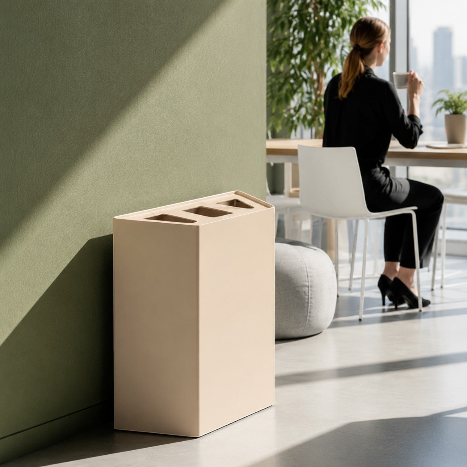 Addo Shop Linear beige recycling waste bin with three compartments in a modern office setting.