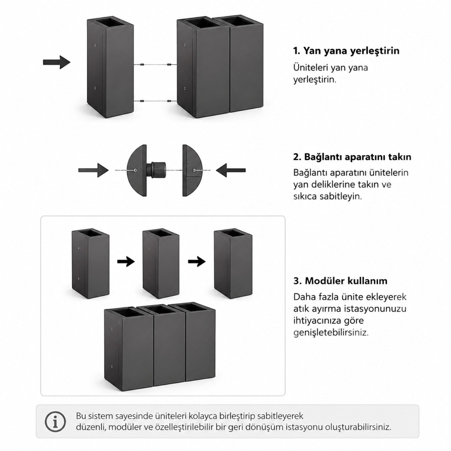 Addo Shop Maximo 60L modular recycling bin assembly instructions showing how to connect units side by side.
