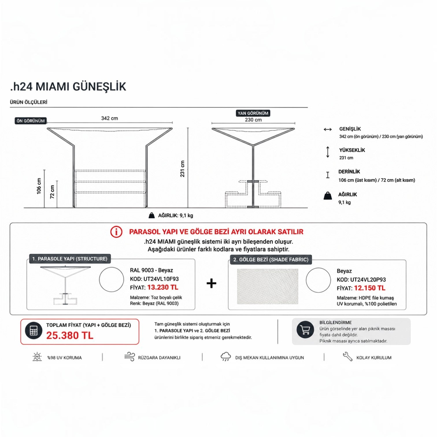 Technical diagram of Addo Shop VENTIQUATTRORE.h24 MIAMI sun shade showing dimensions, steel structure, and HDPE fabric.