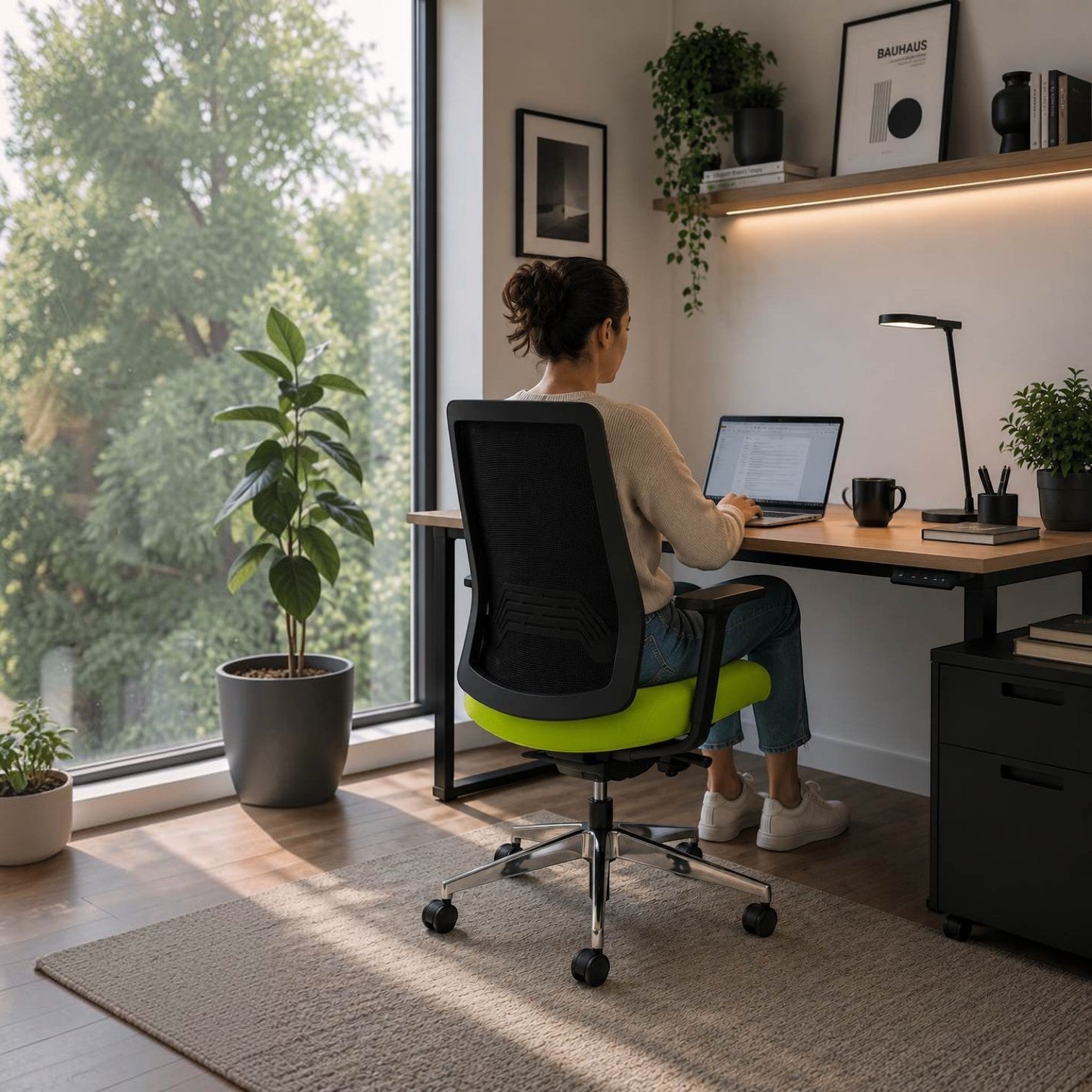 Addo Shop O-Live office chair with lime green seat, black mesh back, and aluminum base in a modern home office.