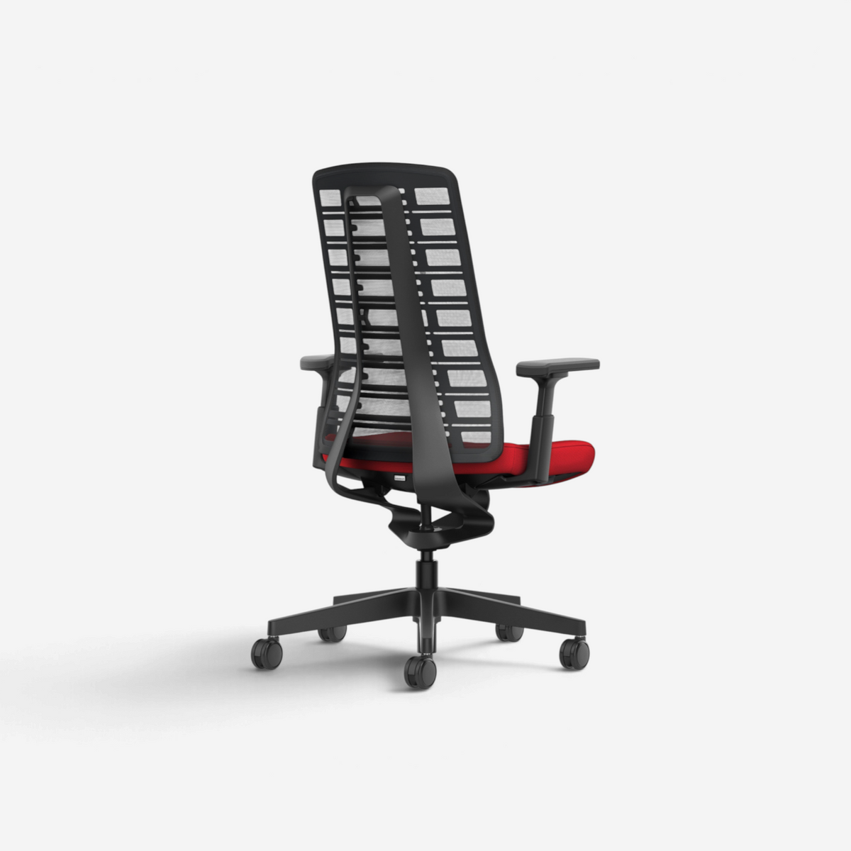 Addo Shop Pure ergonomic office chair with black FlexGrid backrest and red upholstered seat, rear view