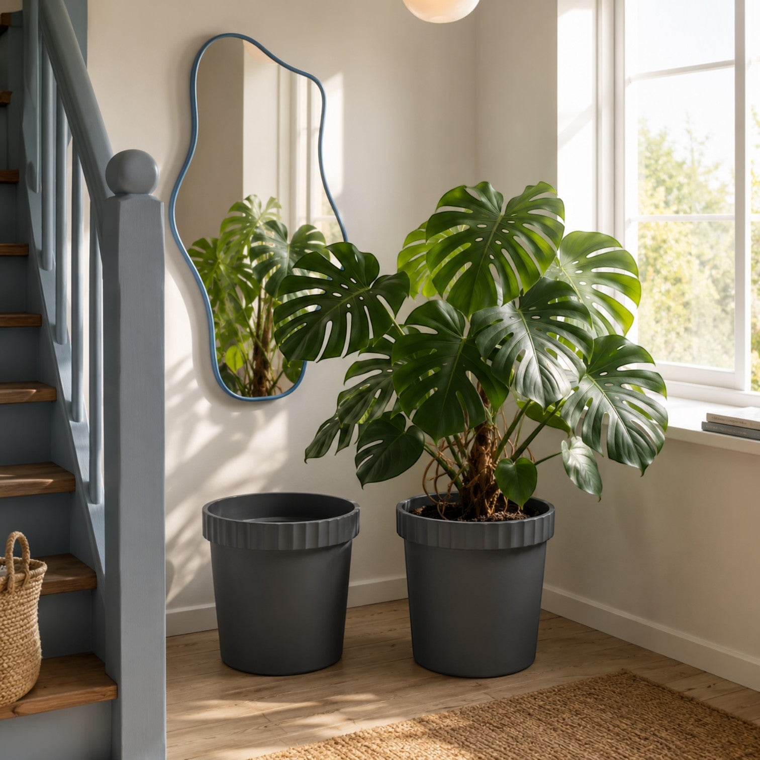 Addo Shop RAFFLES SYSTEM dark grey modern planters with ribbed rim detail in a sunlit living room with a monstera.