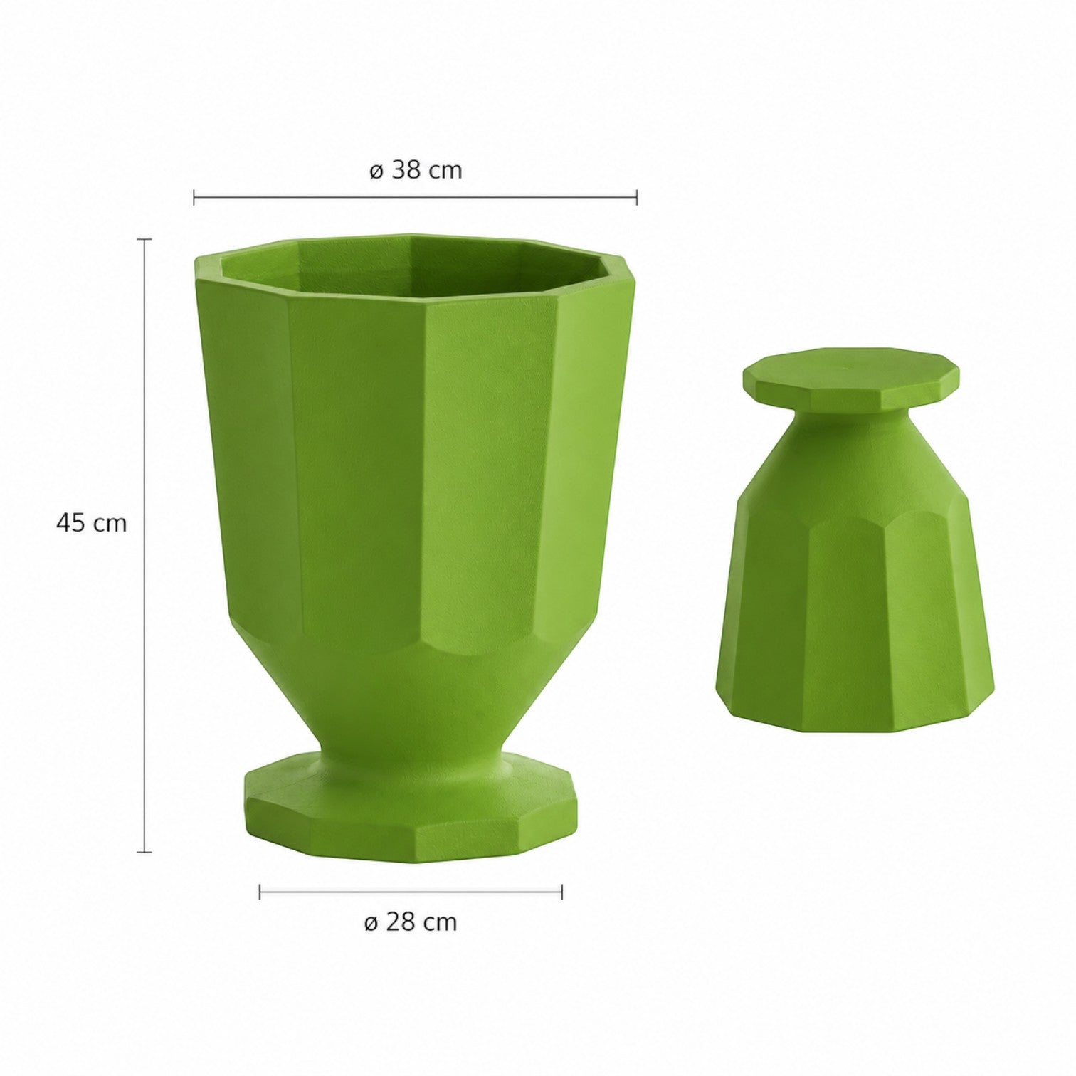 Addo Shop Caimi RECYCLED green faceted planter with dimensions for office or home decor.