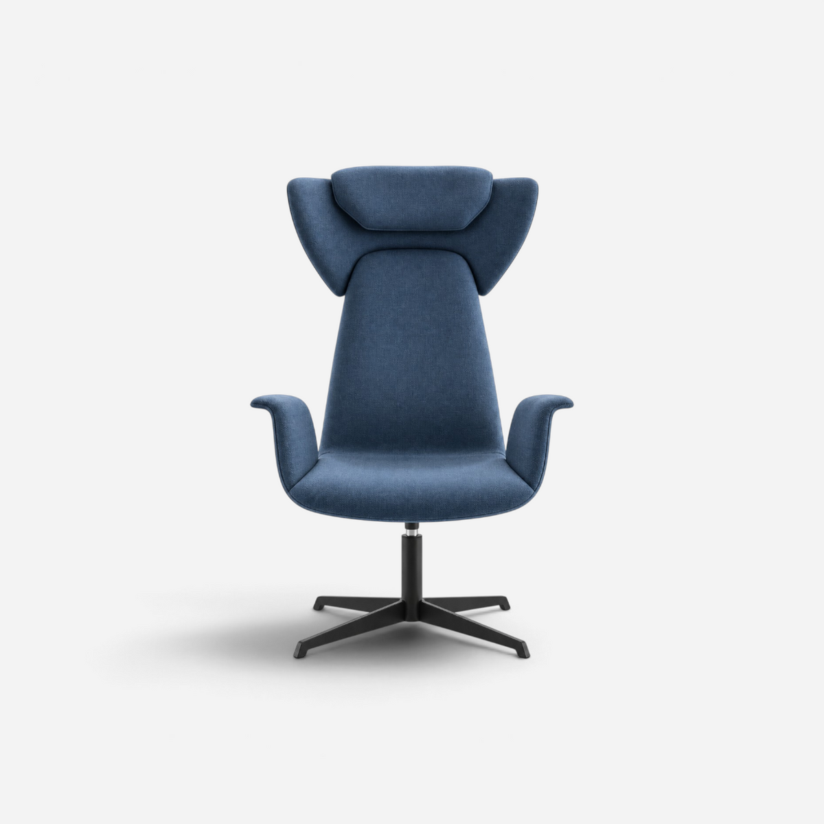 Addo Shop Spina 01 blue fabric lounge chair with high backrest and swivel base for executive offices.