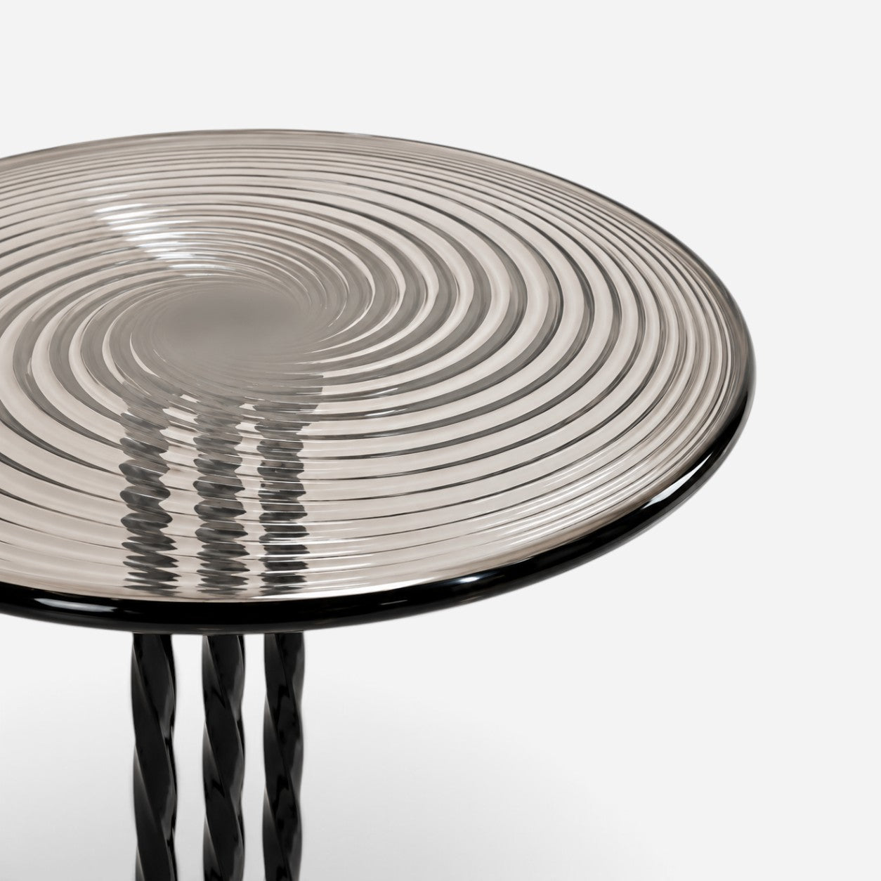 Addo Shop round side table with a grey swirl glass top and twisted black metal legs