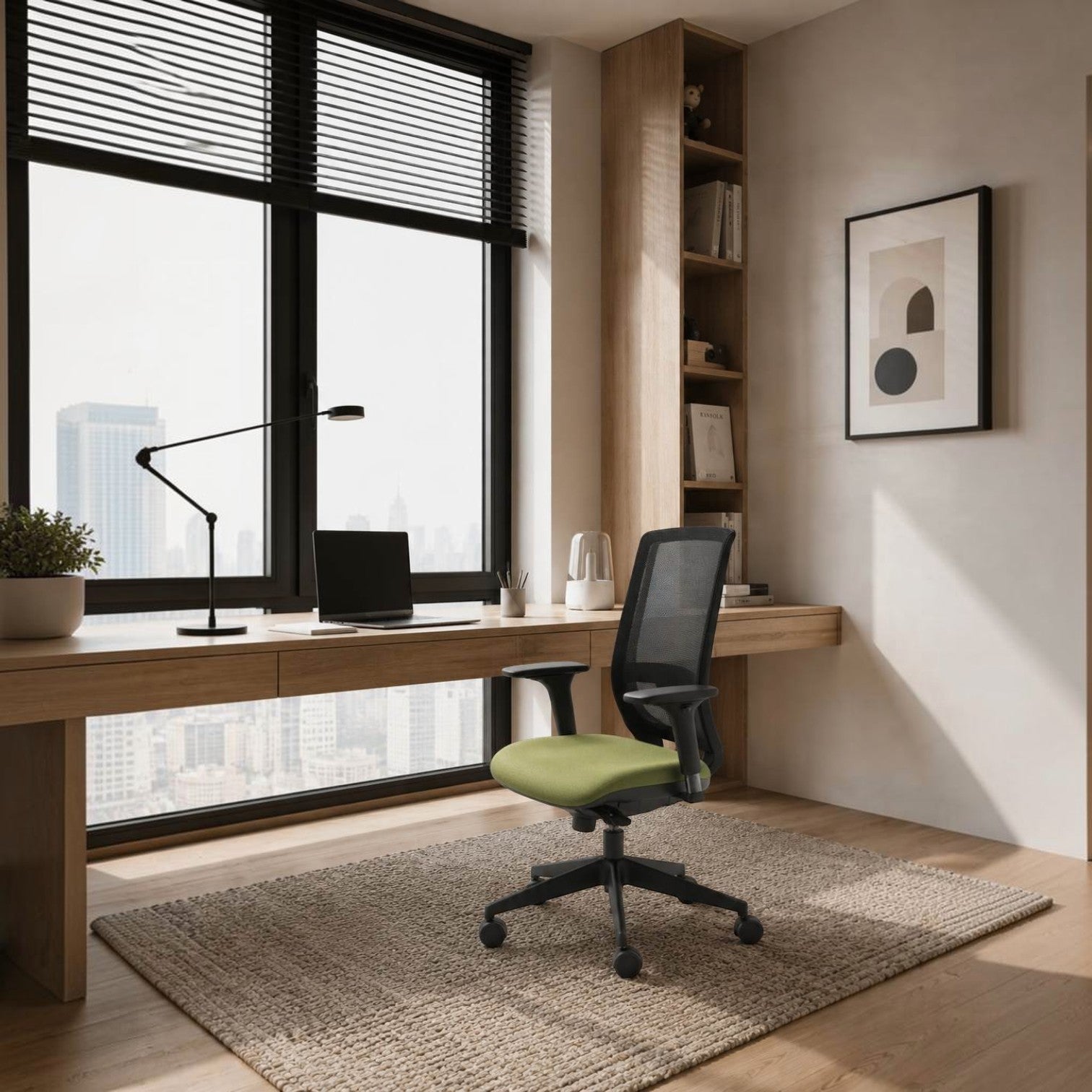 Addo Shop T-MAX office chair with black mesh back, green upholstered seat, and black frame in a modern home office.