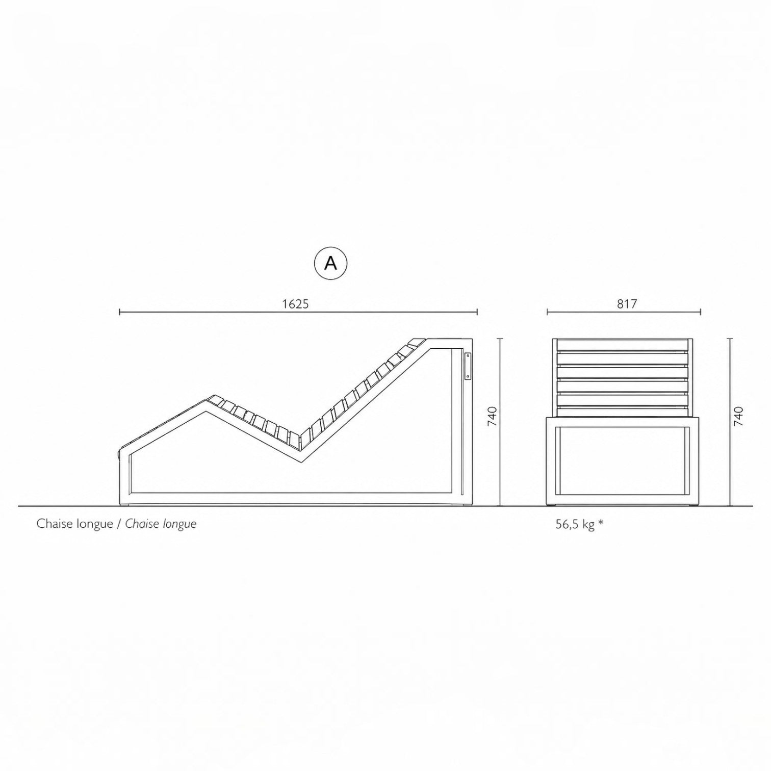 Technical drawing of the Addo Shop VENTIQUATTRORE.h24 chaise longue showing dimensions and side profile view.