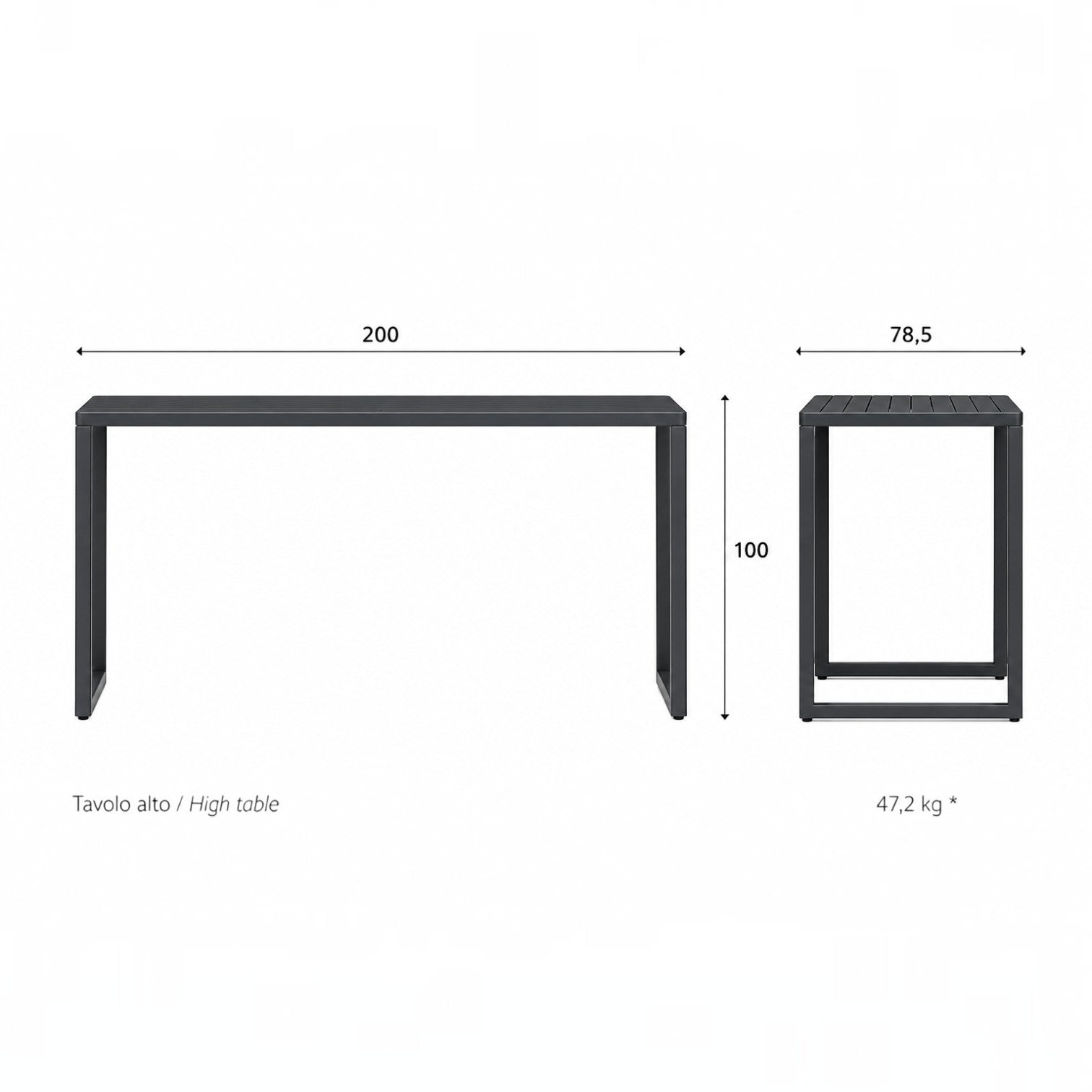 Addo Shop Ventiquattrore.h24 dark grey metal high table with technical dimensions and minimalist design