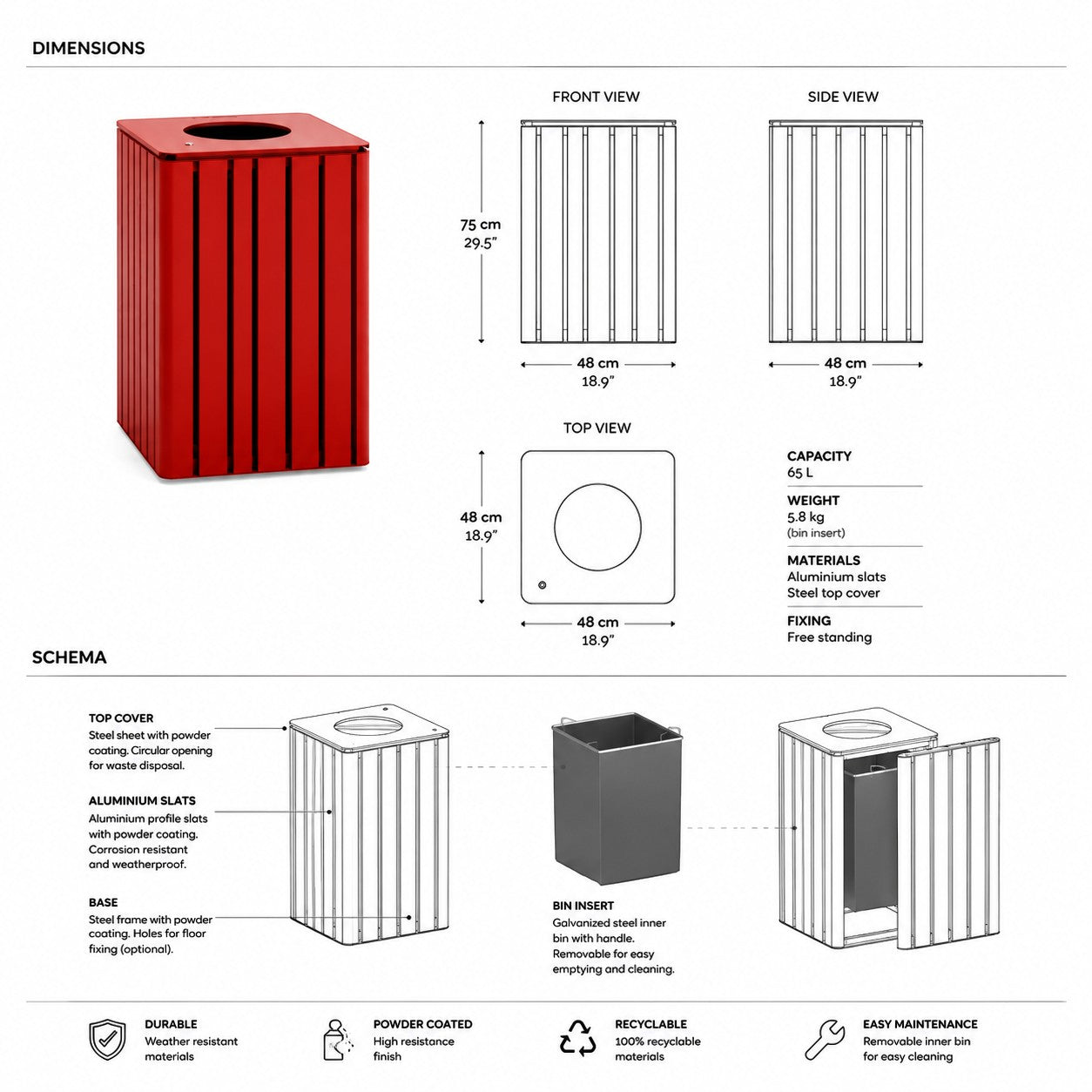 Addo Shop VENTIQUATTRORE.h24 red powder-coated aluminum slatted litter bin with removable galvanized steel inner liner.