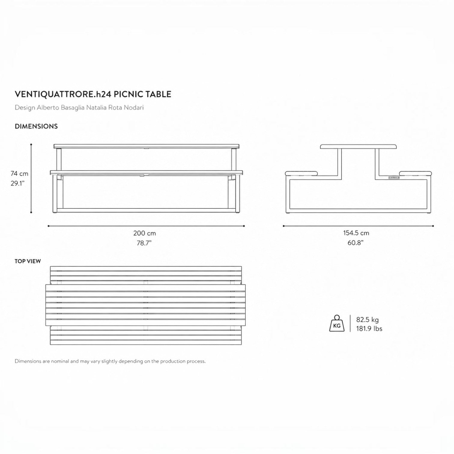 Technical drawing of the Addo Shop Ventiquattrore.h24 picnic table showing dimensions and top view.