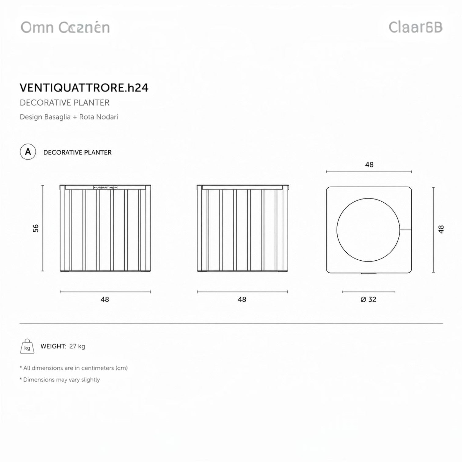Technical drawing of the Addo Shop VENTIQUATTRORE.h24 square decorative planter with dimensions and top view.