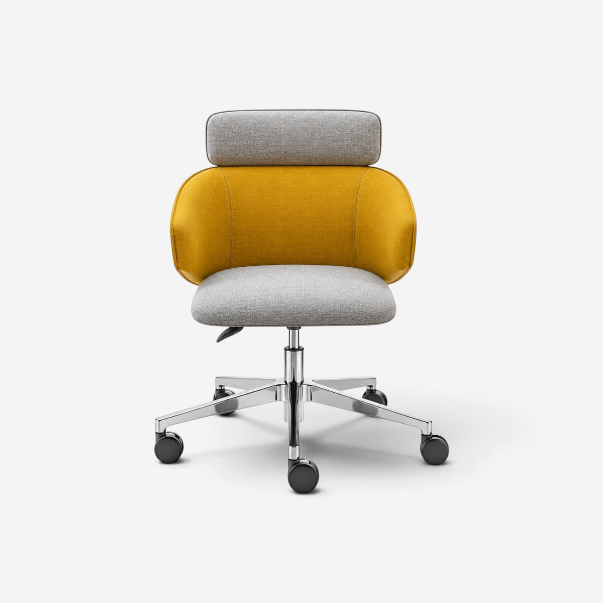 Addo Shop Wing High office chair with grey and mustard yellow upholstery, chrome star base, and adjustable height.