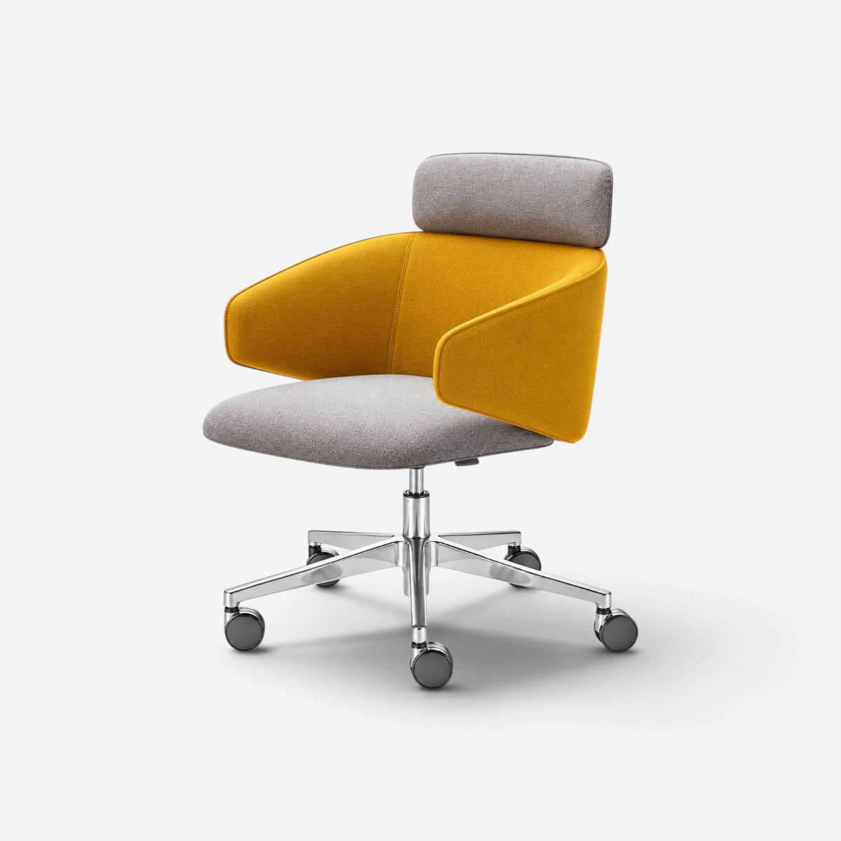Addo Shop Wing High office chair with mustard yellow and grey upholstery, chrome star base, and adjustable height.