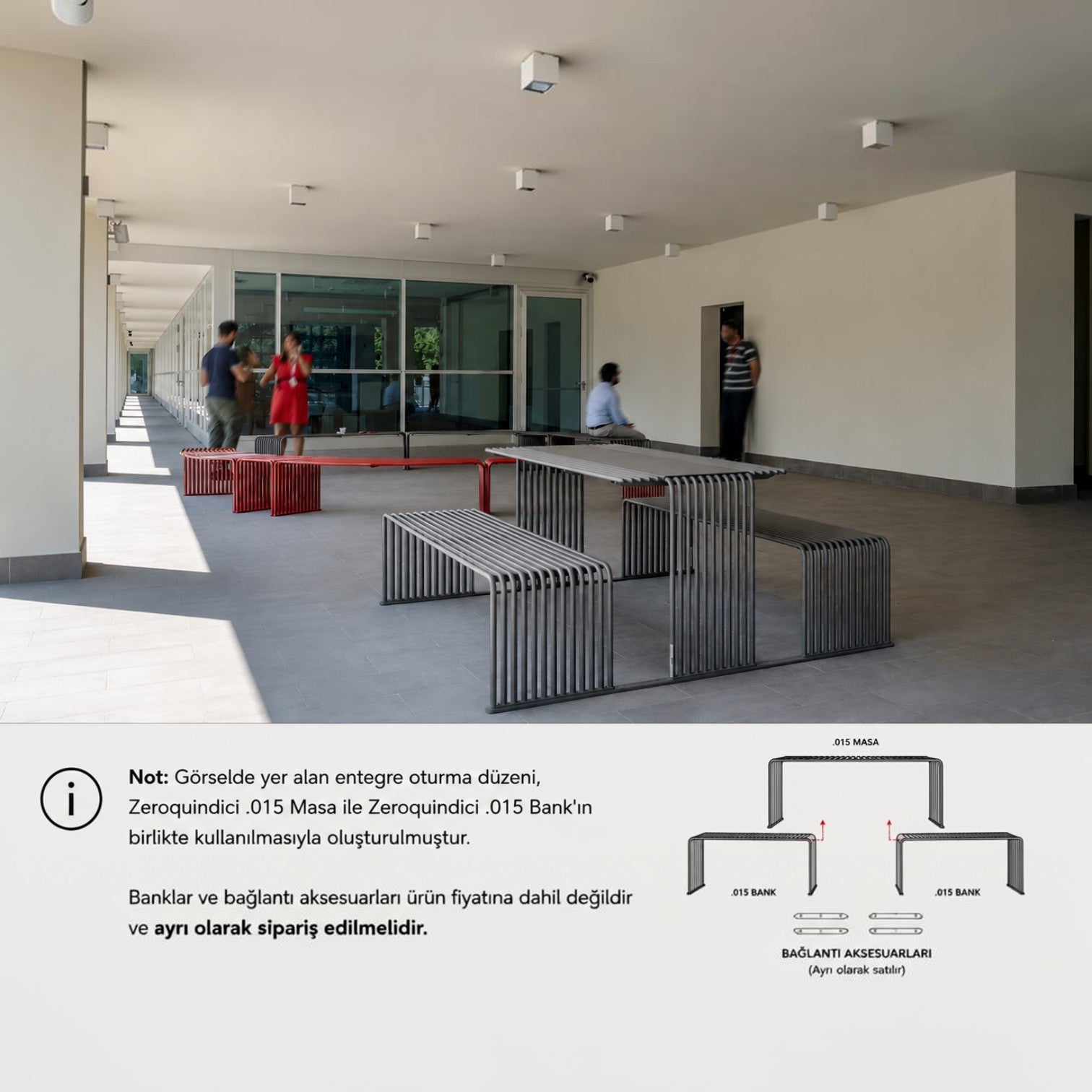 Addo Shop Zeroquindici .015 grey metal outdoor table with slatted design in a modern architectural setting.