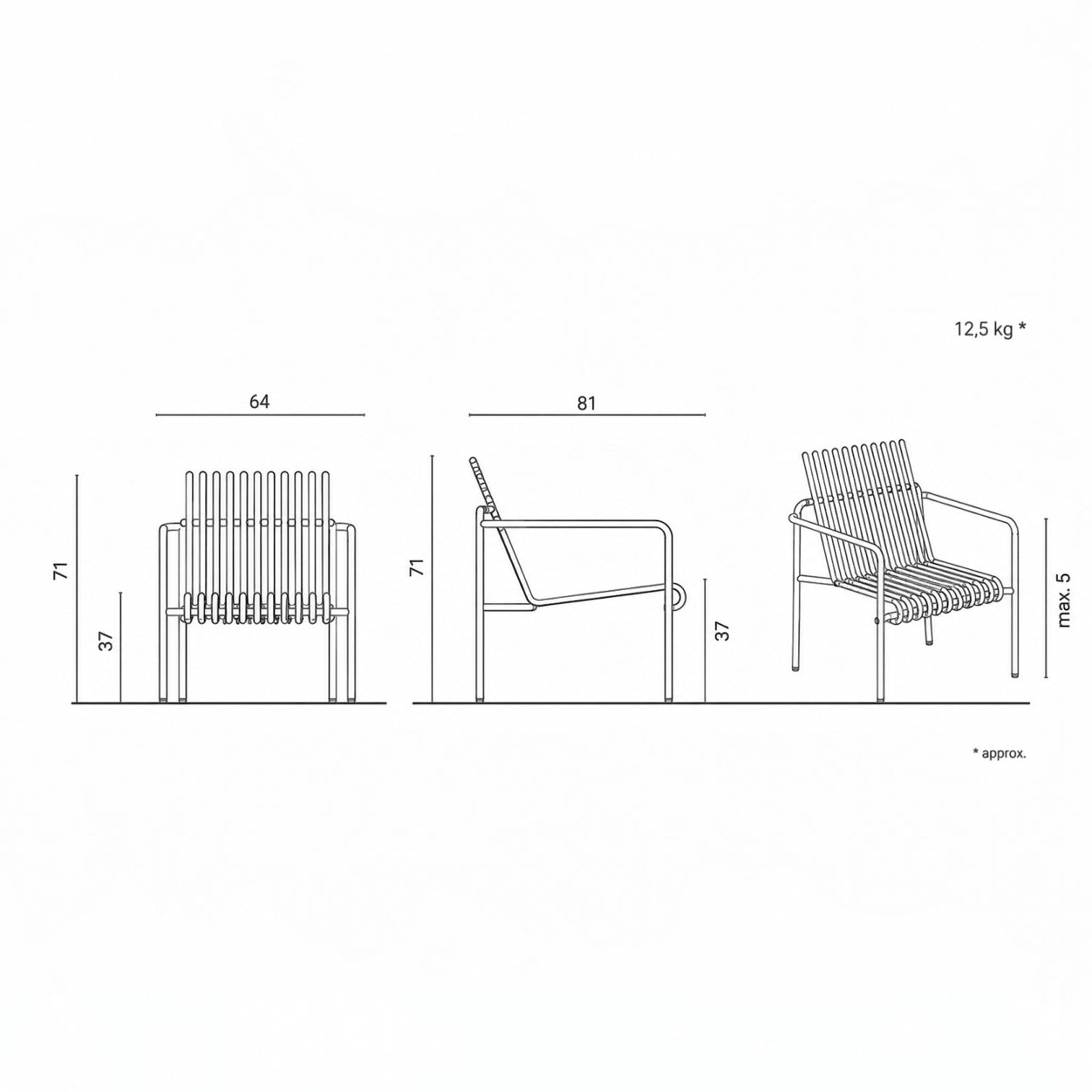Technical line drawing showing dimensions of the Addo Shop Zeroquindici .015 Amalfi lounge chair with slatted design.