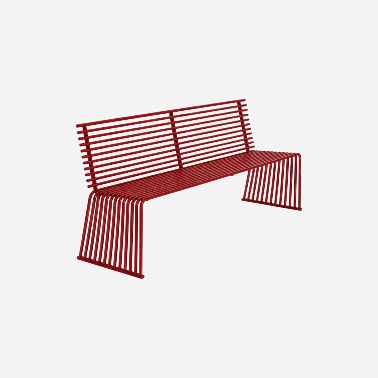 Addo Shop Zeroquindici .015 red metal bench with a slatted backrest and modern minimalist design.