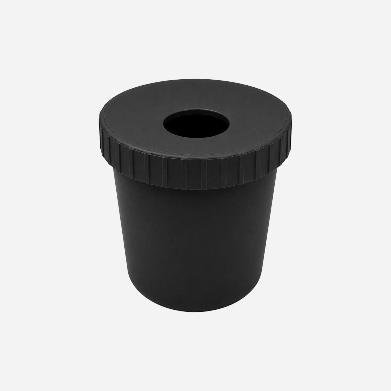 Addo Shop Raffles System black plastic waste bin with a circular opening on the lid and a ribbed edge.