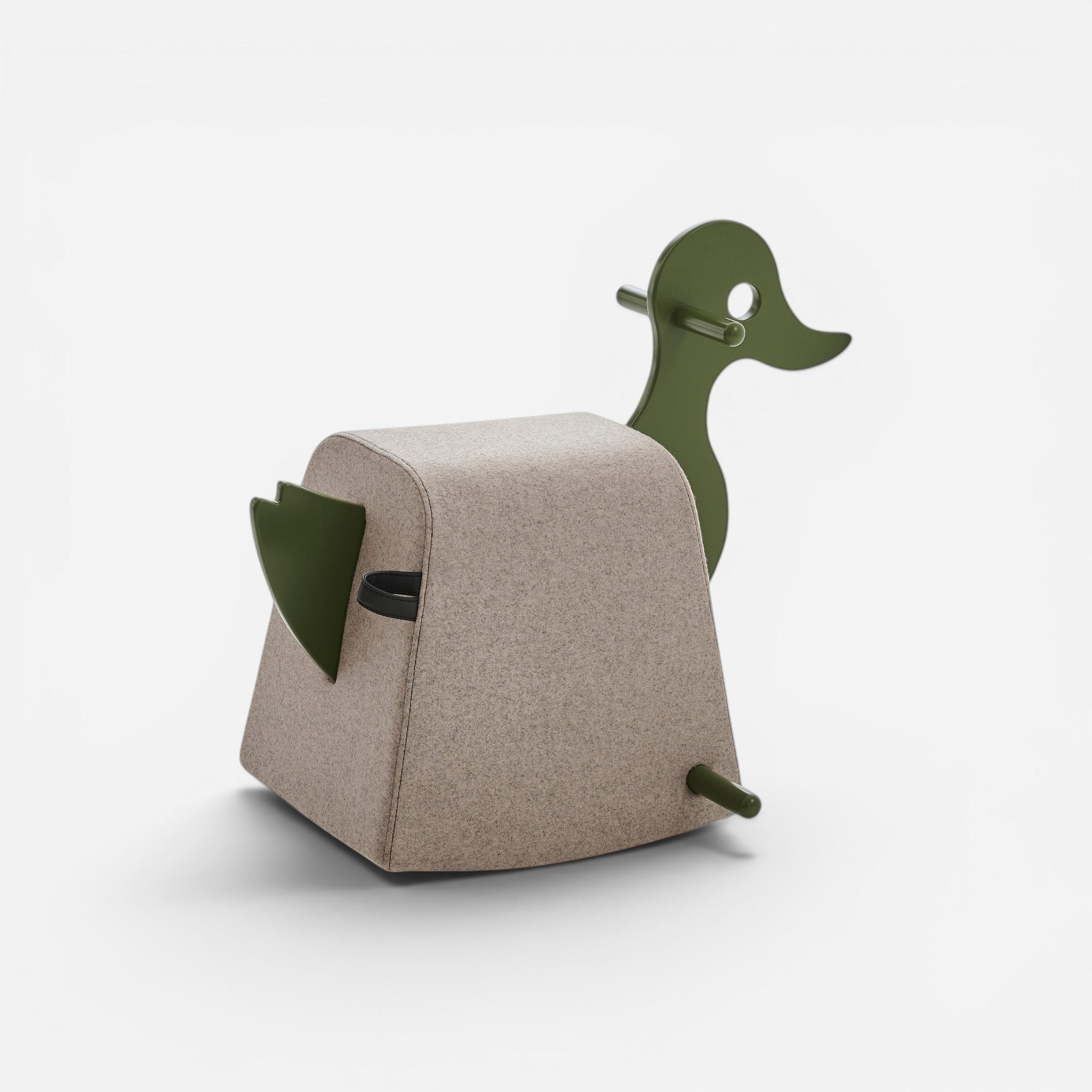 Addo Shop Dondolo Kids Roger rocking duck toy with beige fabric seat and green accents, made from B Group fabric and faux leather.