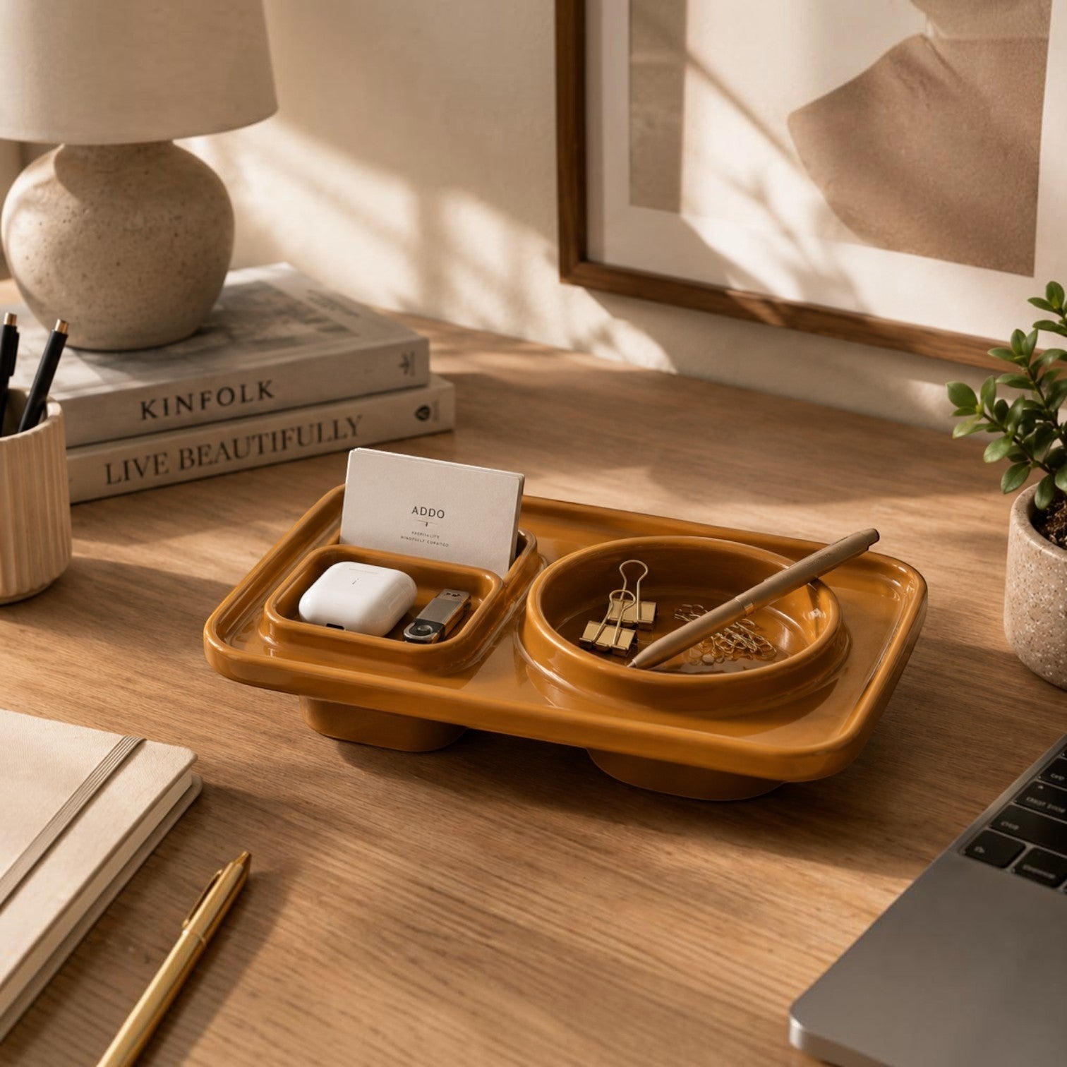 Addo Shop mustard yellow ceramic multifunctional desk tray with compartments for AirPods, USB, pens, and paperclips.