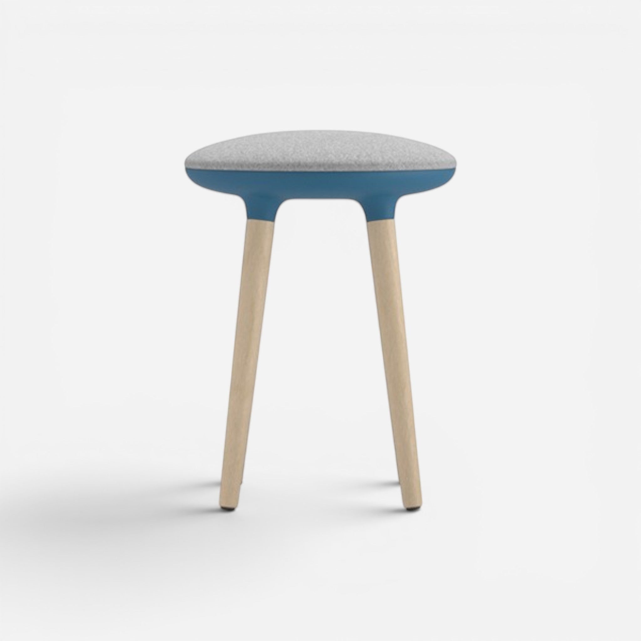Addo Shop Pin high stool with grey fabric seat, blue base, and natural wood legs.