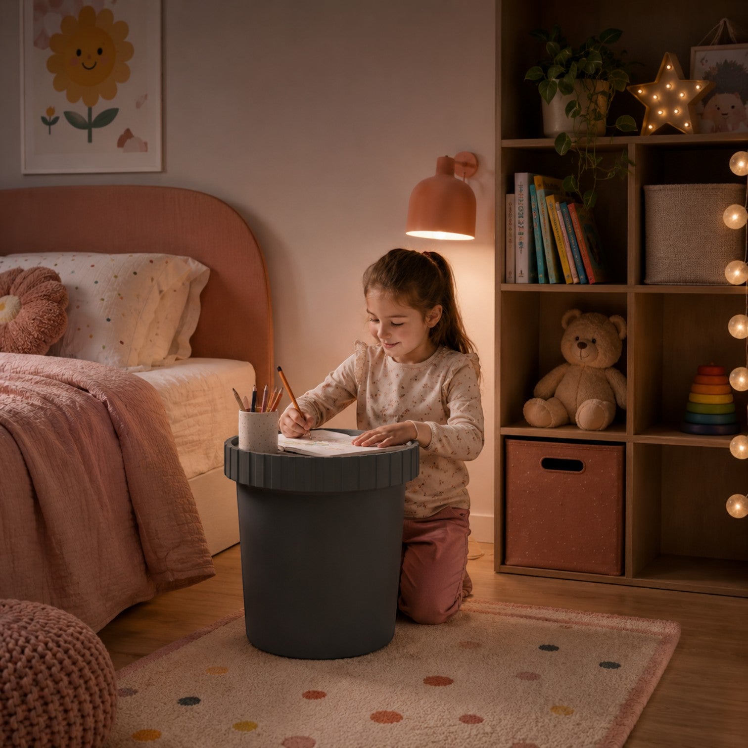 Addo Shop Raffles System dark grey side table with ribbed detail, used by a child for drawing.