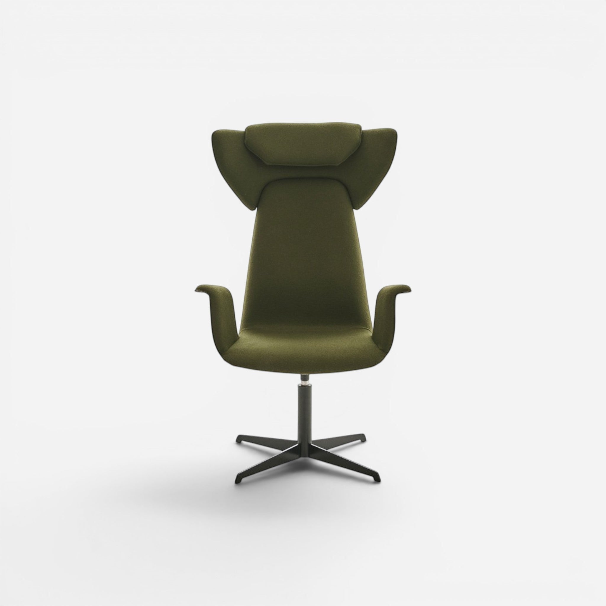 Addo Shop Spina 01 lounge chair in olive green fabric with chrome metal base and swivel mechanism.