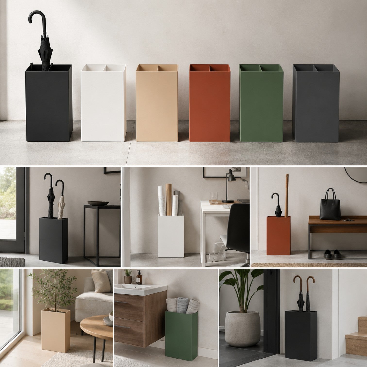 Addo Shop Design Collection Umbrella Stand with Waste Bin in black, white, beige, rust, green, and grey. Features a dual compartment design.