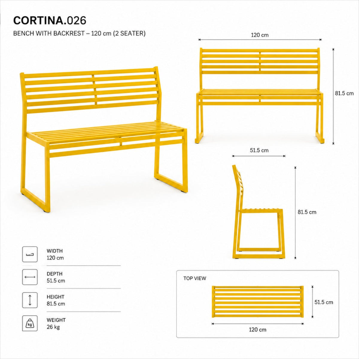 DIEMMEBI CORTINA.026 sırtlıklı bank 120 cm ölçü çizimi, 51,5 cm derinlik, 81,5 cm yükseklik, 26 kg, sarı renkte