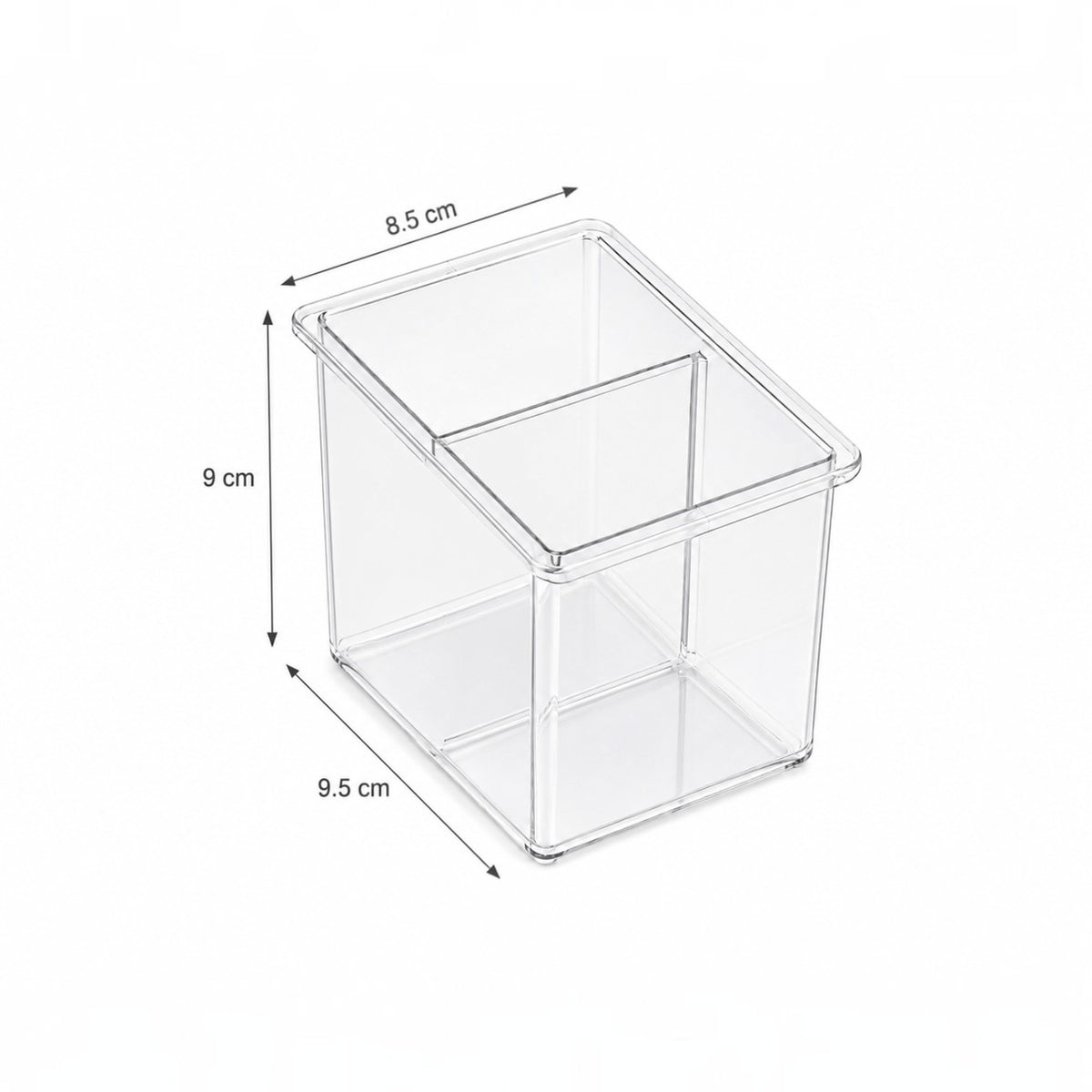 Caimi Desk-Up kalemlik ölçü çizimi, şeffaf kalemlik 9,5 x 8,5 cm taban ve 9 cm yükseklik değerleriyle