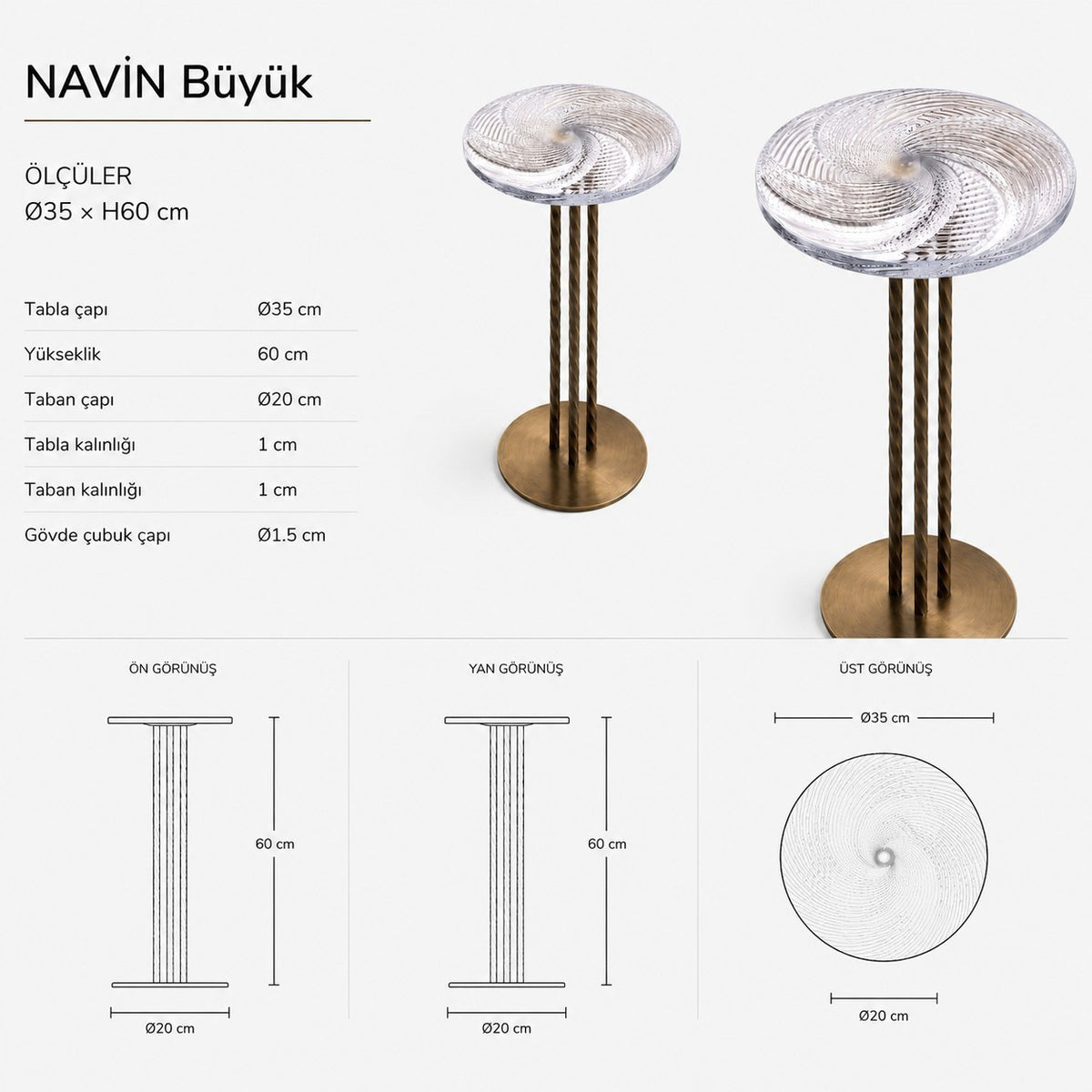 NAVIN Büyük sehpa ölçü çizimi, 35 cm tabla çapı ve 60 cm yükseklik, ön, yan ve üst görünüş