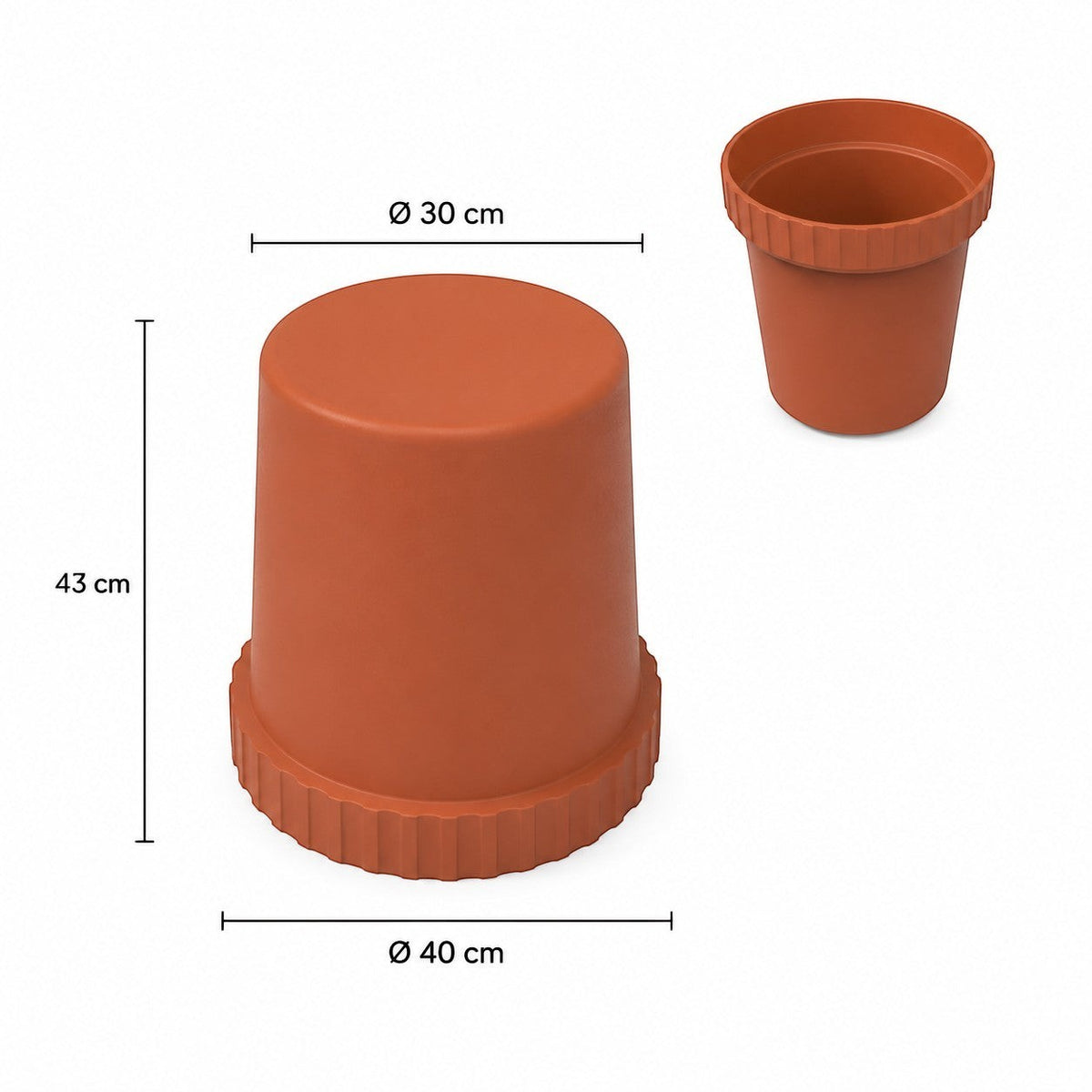 Caimi Raffles System tabure ölçü çizimi, 30 cm oturak çapı, 40 cm taban çapı ve 43 cm yükseklik, ters çevrilince saksı
