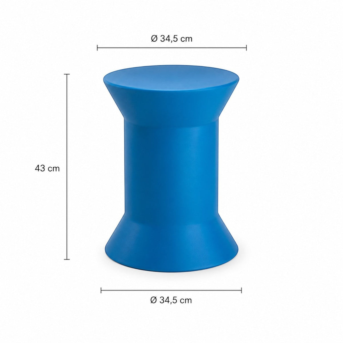 Caimi STILEMI yuvarlak puf ölçü çizimi, mavi model, 43 cm yükseklik ve 34,5 cm çap değerleri