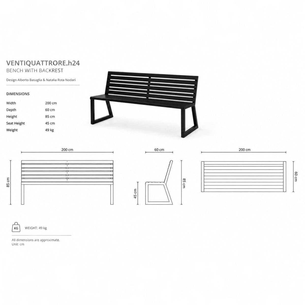 DIEMMEBI Ventiquattrore.h24 sırtlıklı bank ölçü çizimi, 200 cm genişlik, 60 cm derinlik, 85 cm yükseklik ve 49 kg ağırlık