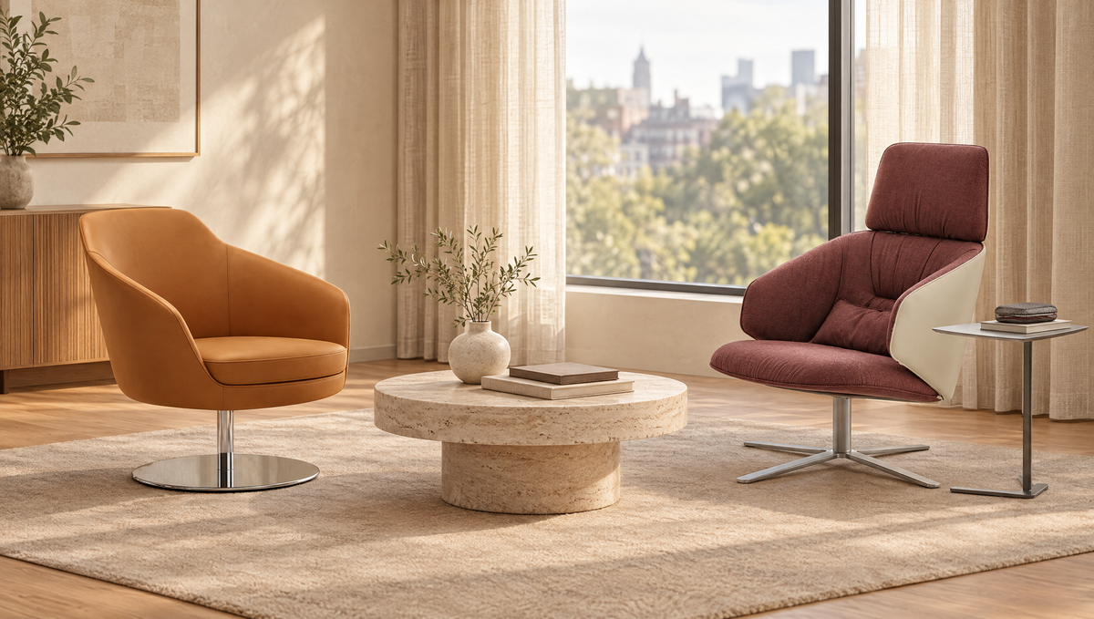 Otel lobisinde camel deri Frank Low ve bordo Wing M lounge koltukları