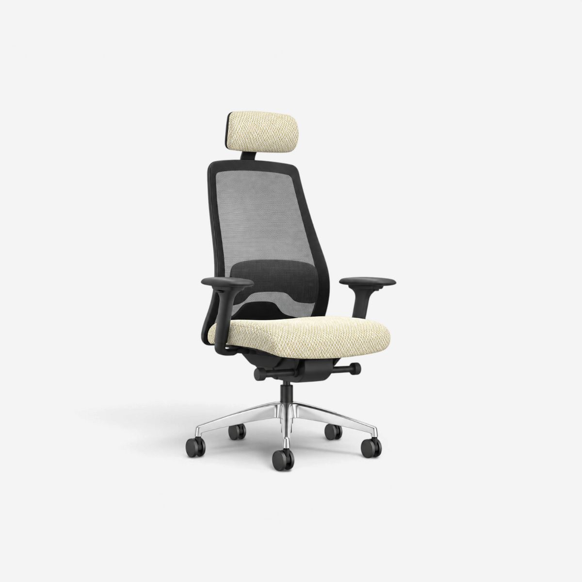 Addo Shop Every ergonomic office chair with headrest, black mesh back, patterned beige seat, and aluminum base.