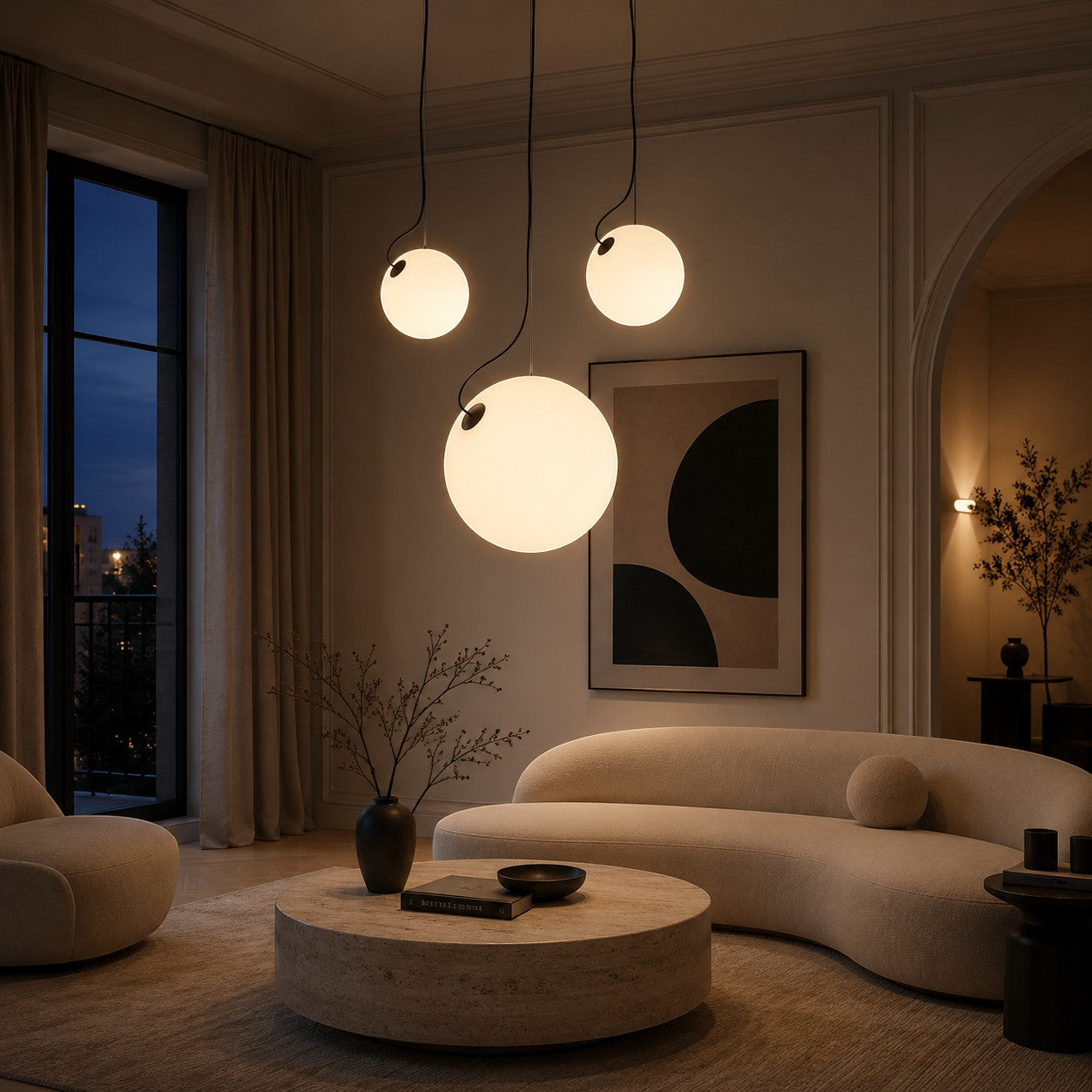 Addo Shop OPERA Pendant Light, three white frosted glass globe lights hanging in a modern living room.