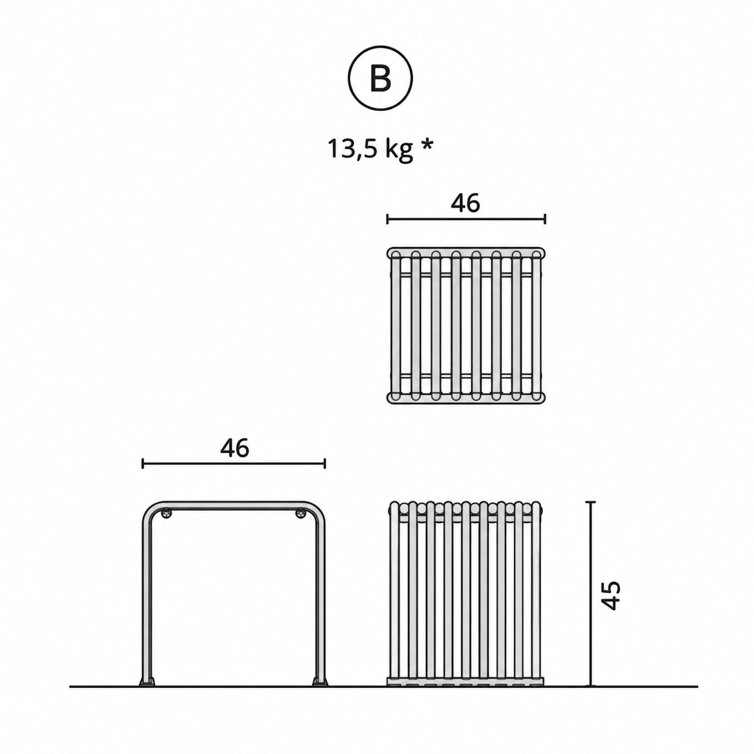 Addo Shop .015 Cube technical drawing showing dimensions of 46cm by 45cm and a weight of 13.5kg for this stool.